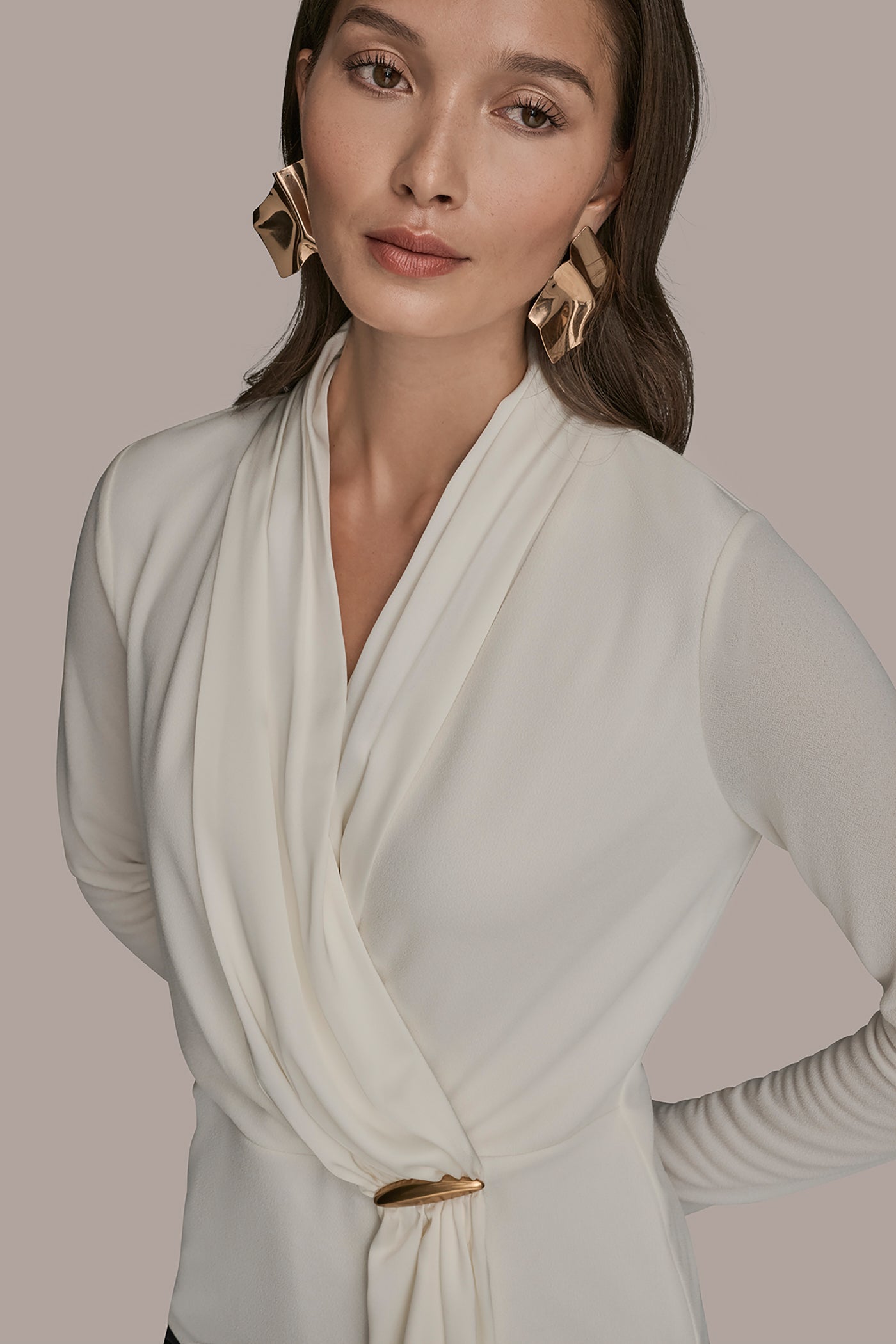 CREAM LONG SLEEVE SHAWL-NECK SATIN BLOUSE Donna Karan