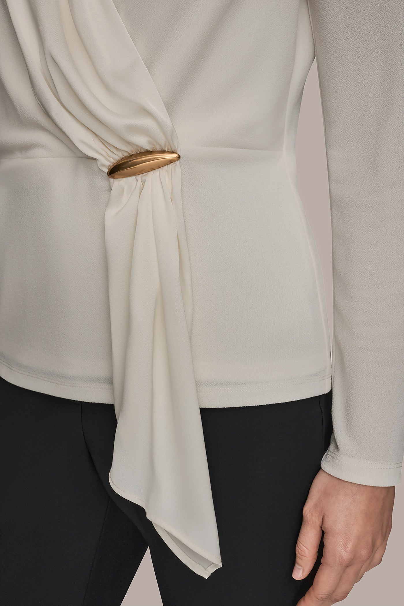 CREAM LONG SLEEVE SHAWL-NECK SATIN BLOUSE Donna Karan