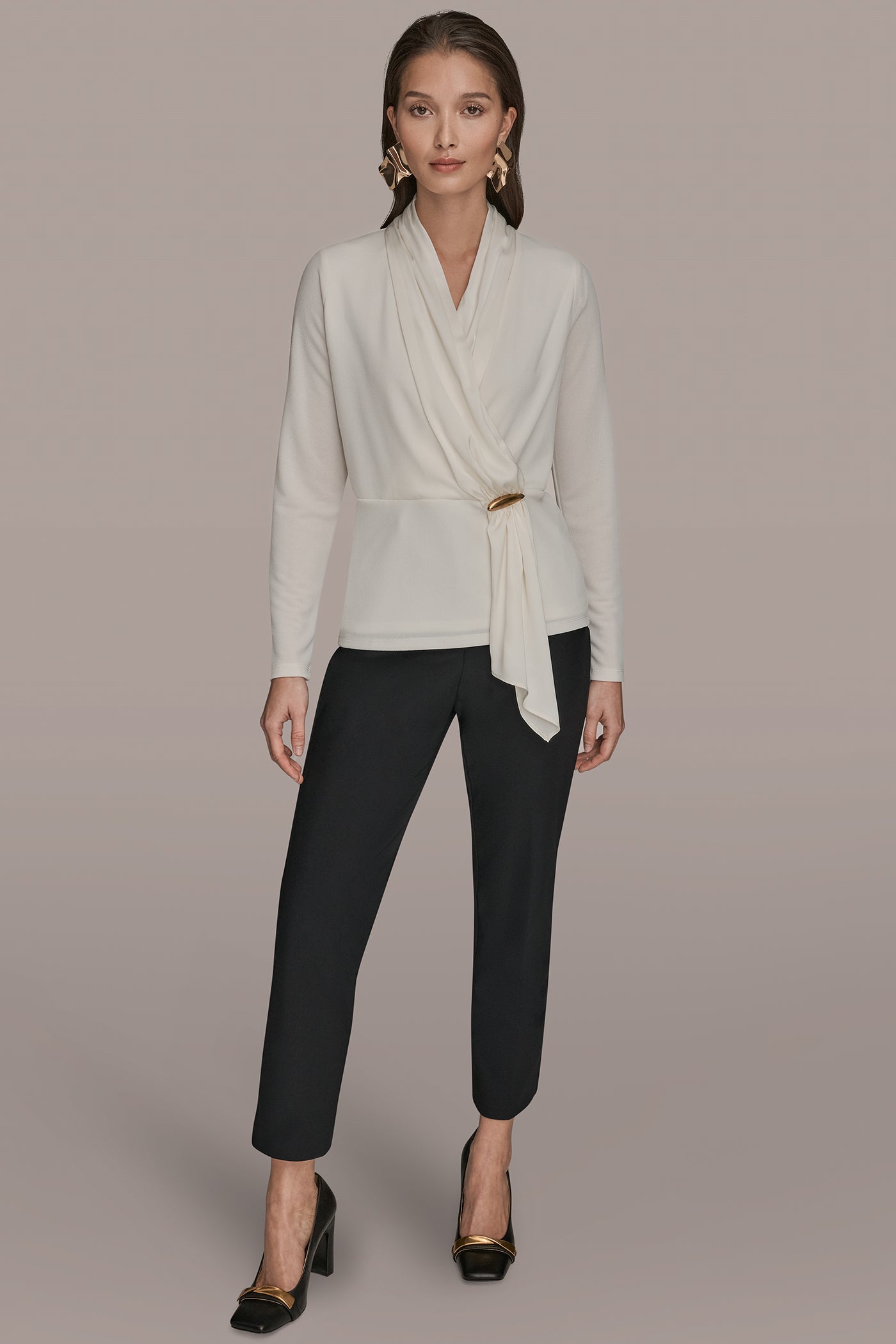 CREAM LONG SLEEVE SHAWL-NECK SATIN BLOUSE Donna Karan