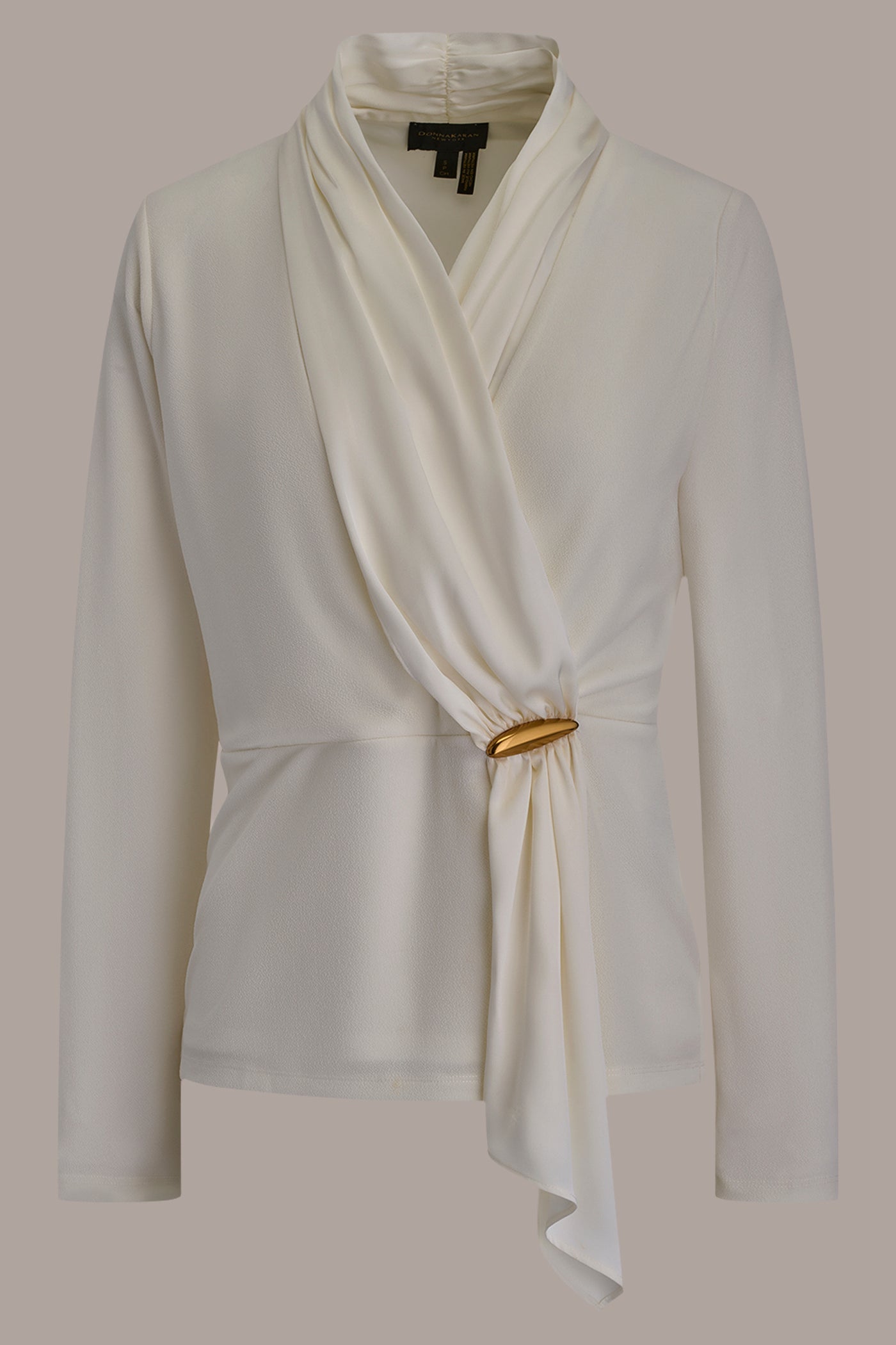 CREAM LONG SLEEVE SHAWL-NECK SATIN BLOUSE Donna Karan