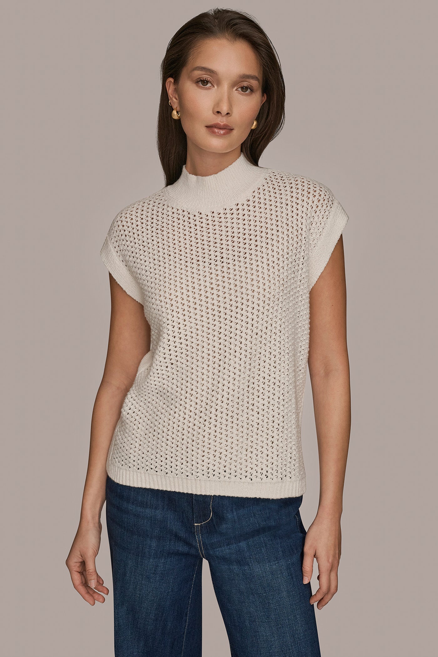 CREAM SLEEVELESS MOCK-NECK OPEN STITCH SWEATER Donna Karan
