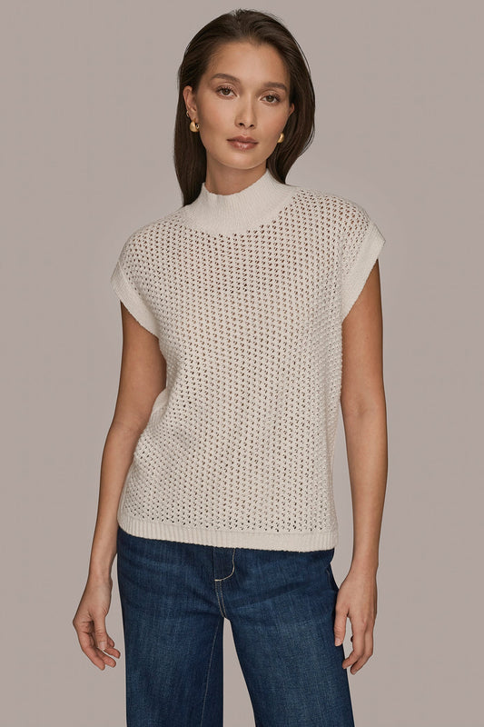 CREAM SLEEVELESS MOCK-NECK OPEN STITCH SWEATER Donna Karan