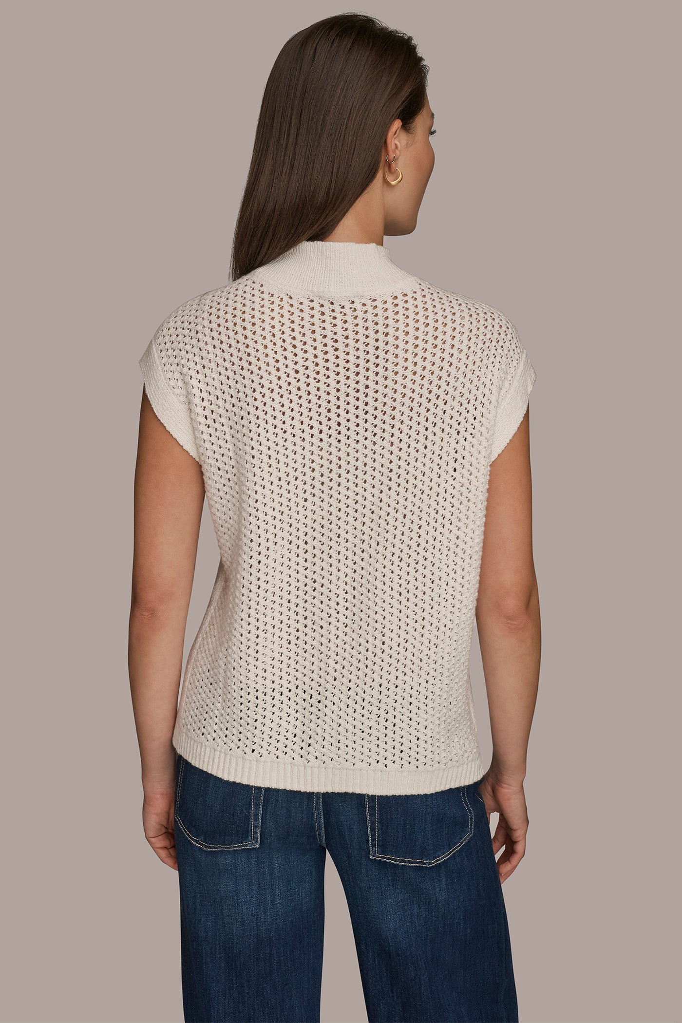 CREAM SLEEVELESS MOCK-NECK OPEN STITCH SWEATER Donna Karan