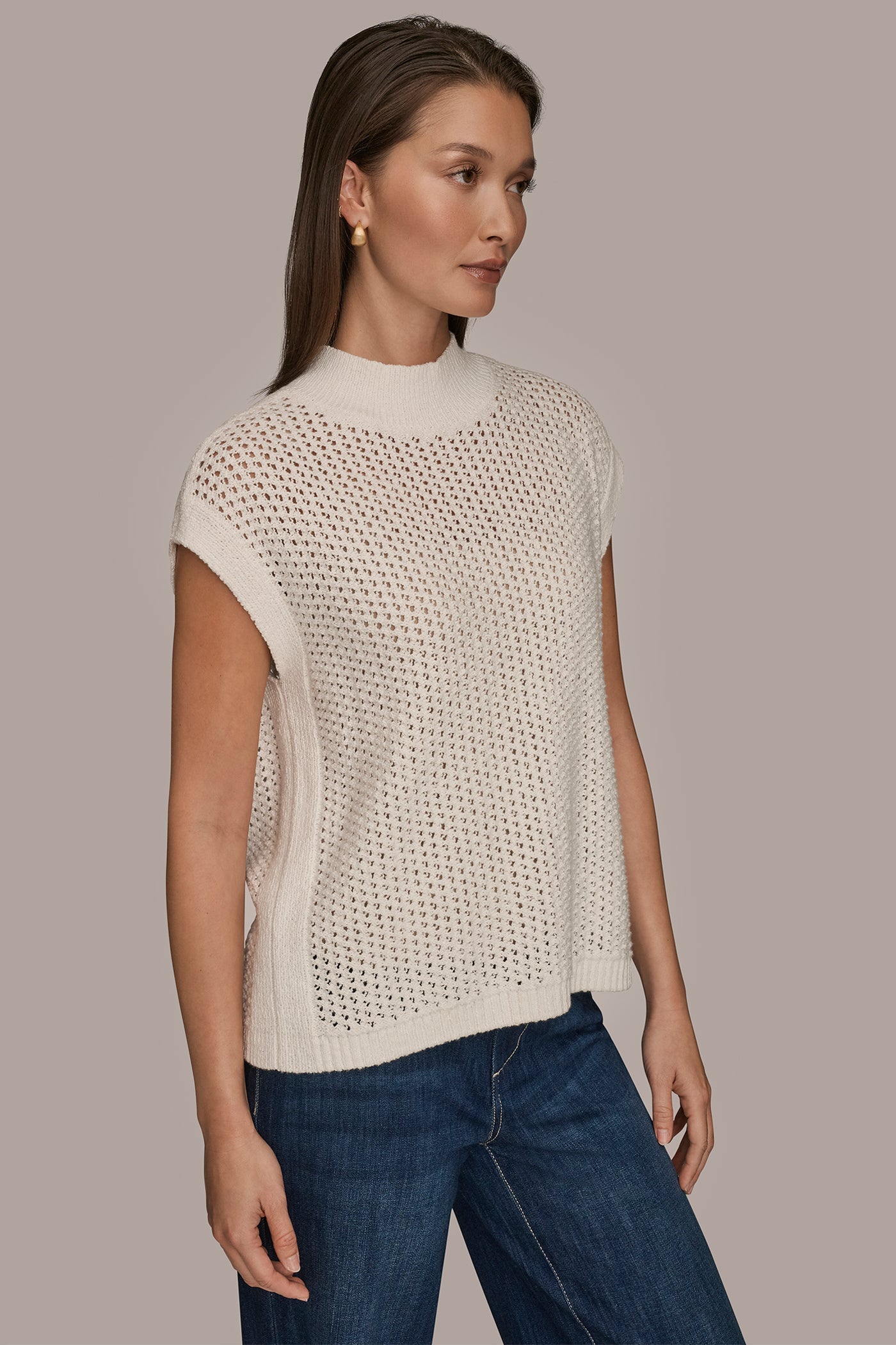 CREAM SLEEVELESS MOCK-NECK OPEN STITCH SWEATER Donna Karan