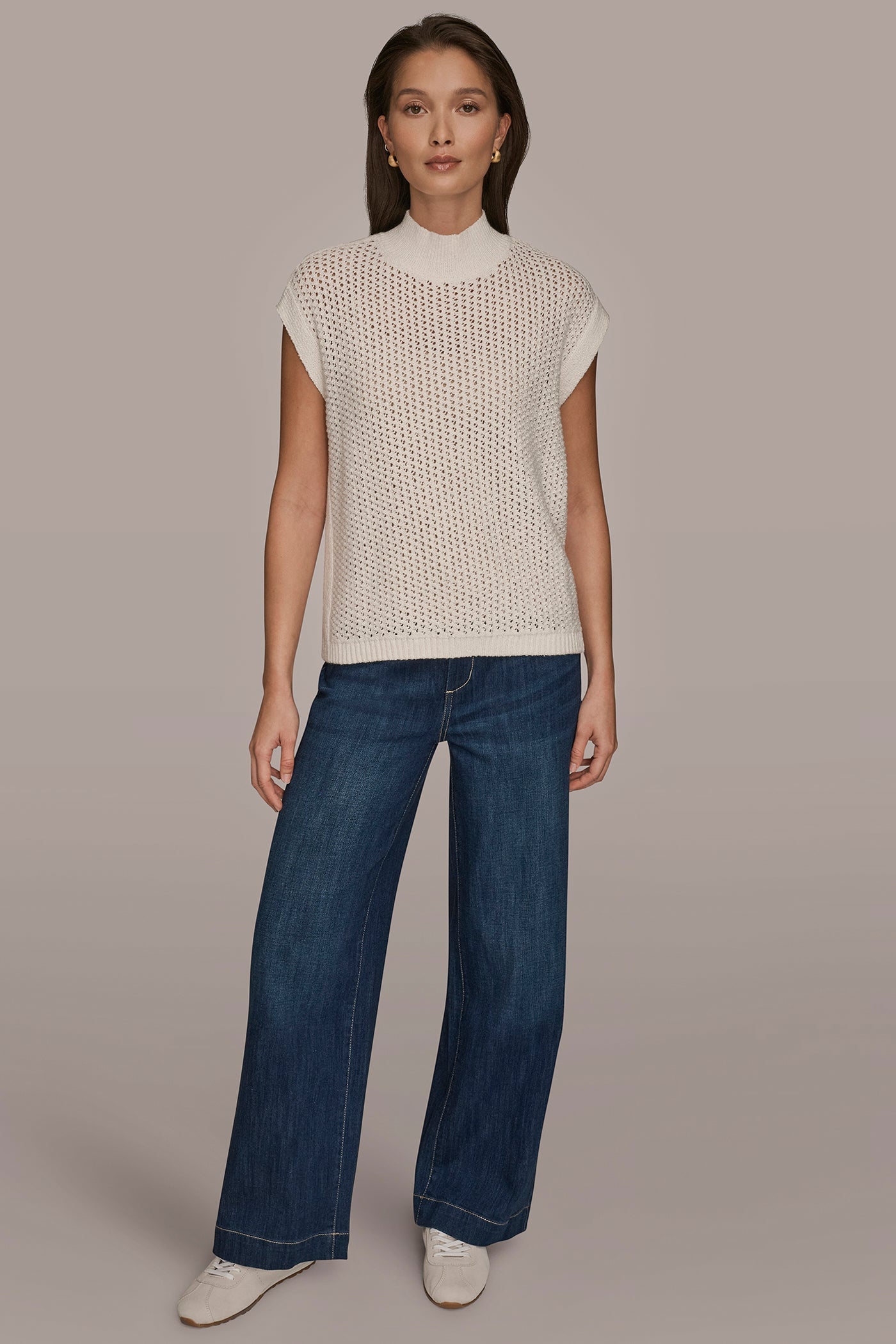 CREAM SLEEVELESS MOCK-NECK OPEN STITCH SWEATER Donna Karan