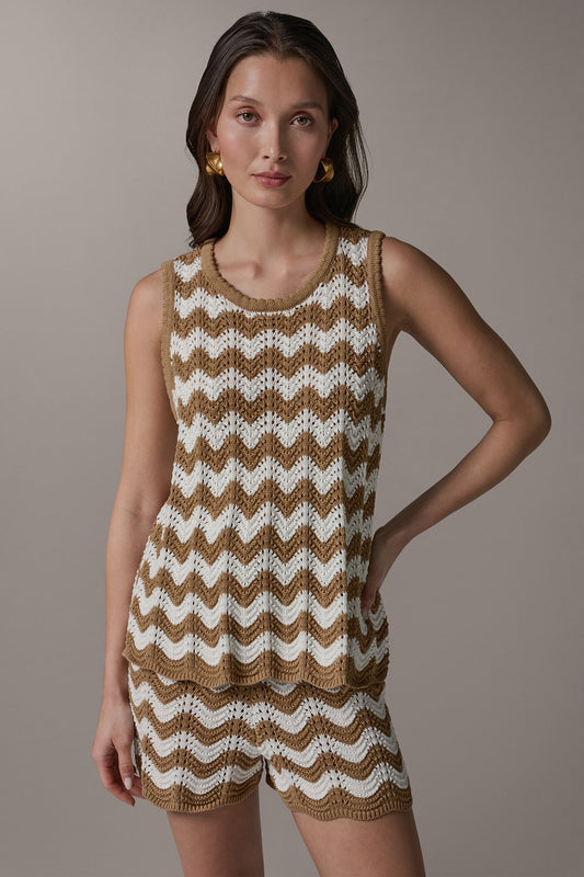 Fawn/Cream SLEEVELESS POINTELLE STRIPE SWEATER Donna Karan
