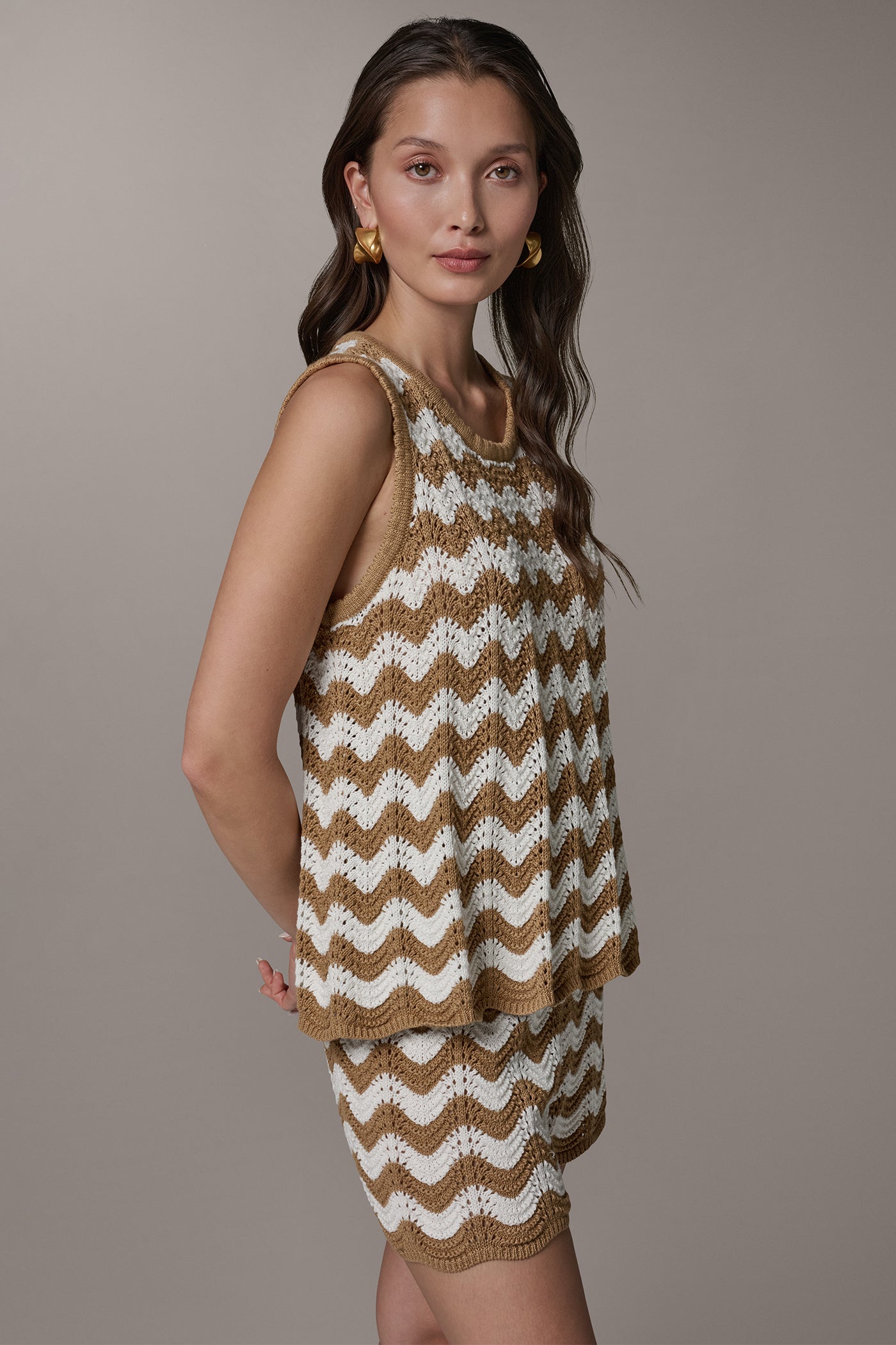 Fawn/Cream SLEEVELESS POINTELLE STRIPE SWEATER Donna Karan