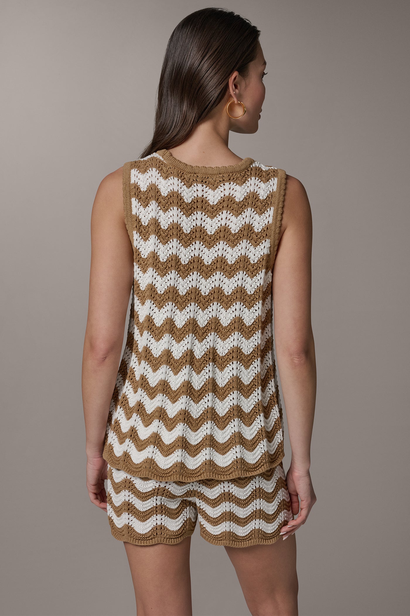 Fawn/Cream SLEEVELESS POINTELLE STRIPE SWEATER Donna Karan