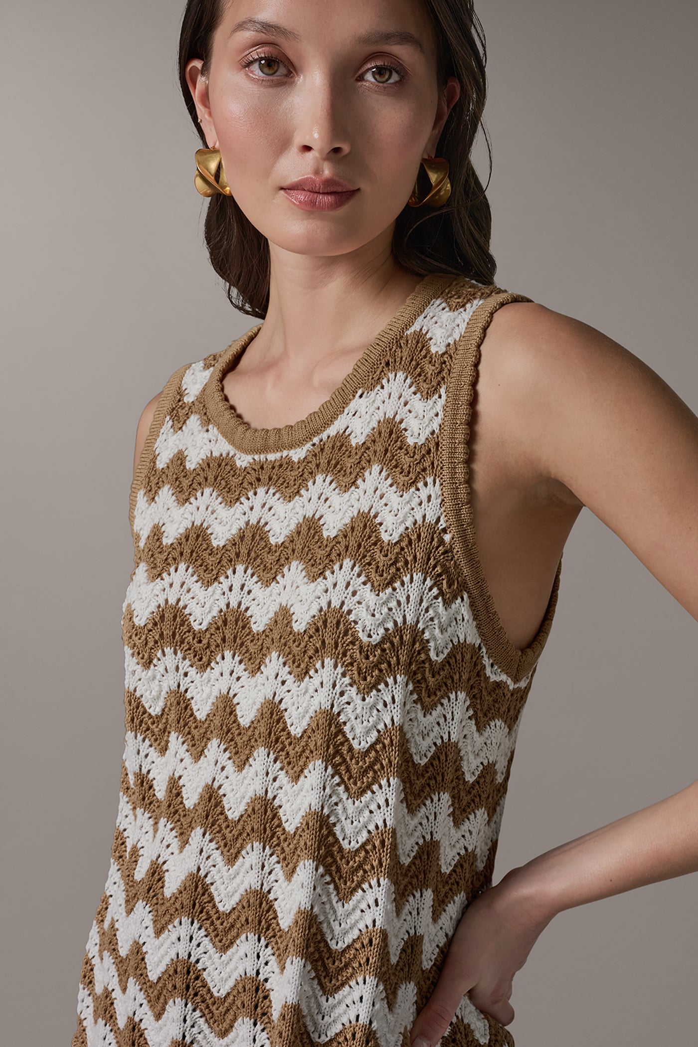 Fawn/Cream SLEEVELESS POINTELLE STRIPE SWEATER Donna Karan