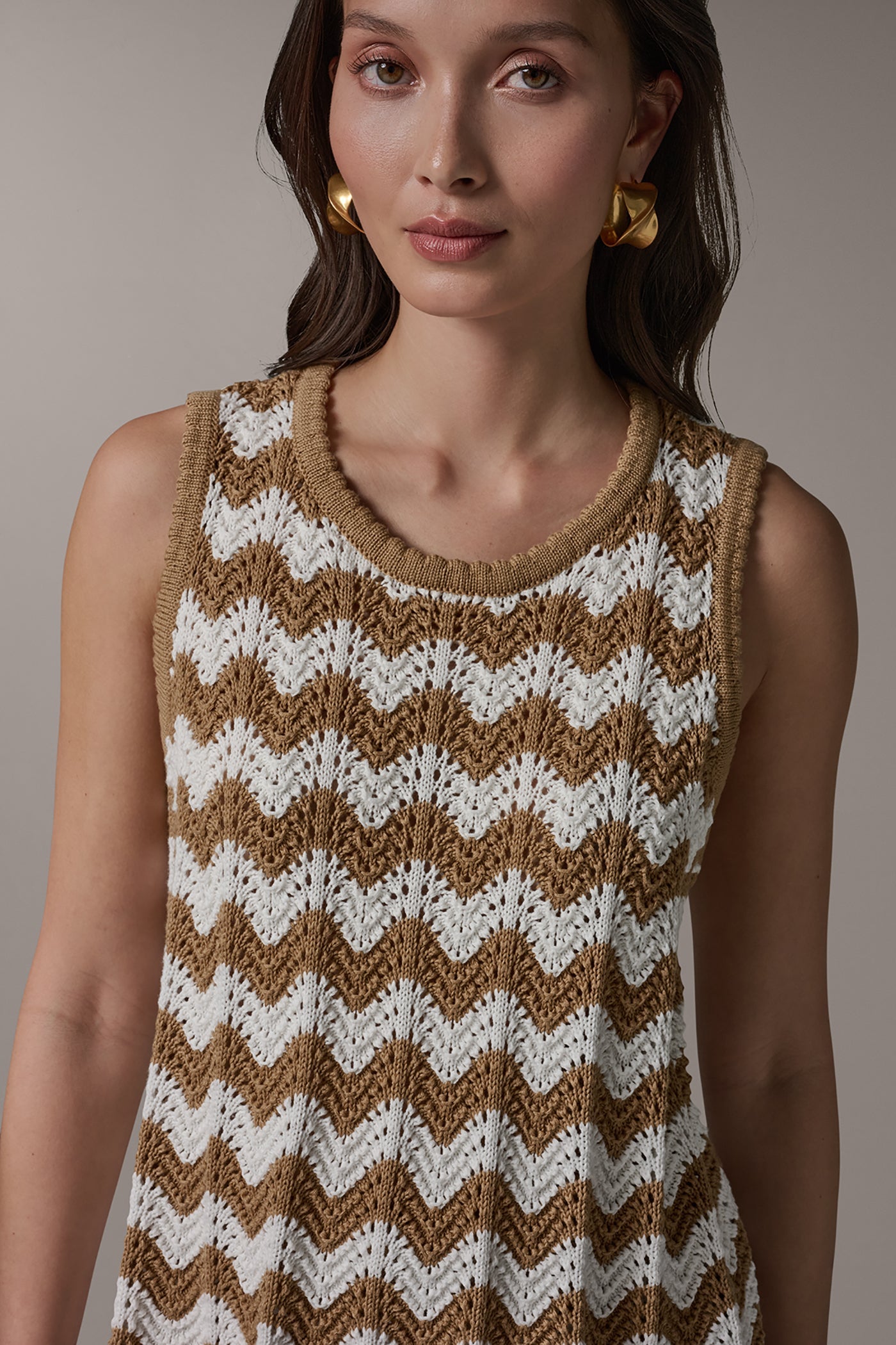 Fawn/Cream SLEEVELESS POINTELLE STRIPE SWEATER Donna Karan