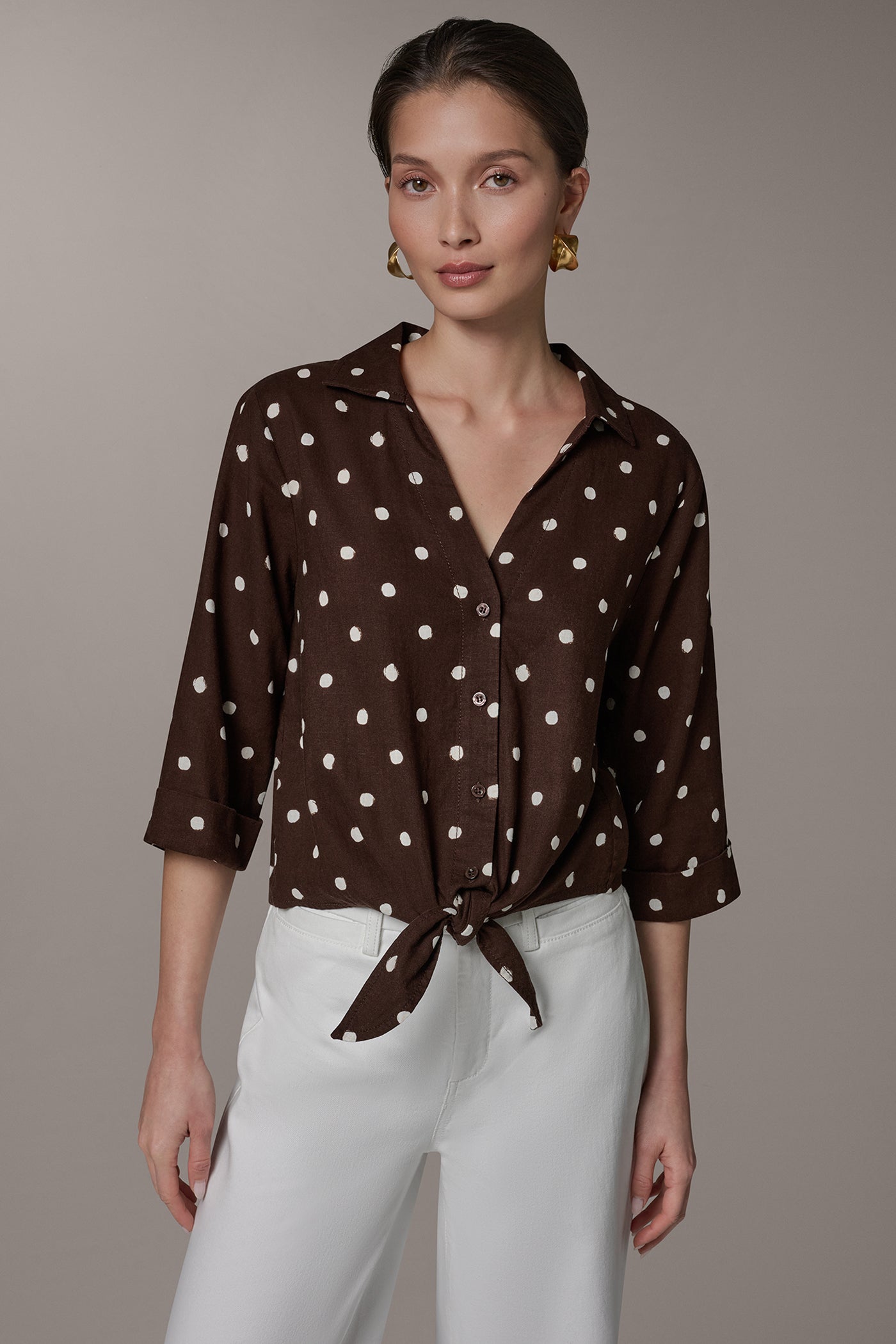 Canyon Distressed Dot ELBOW SLEEVE POLKA DOT TIE FRONT BLOUSE Donna Karan