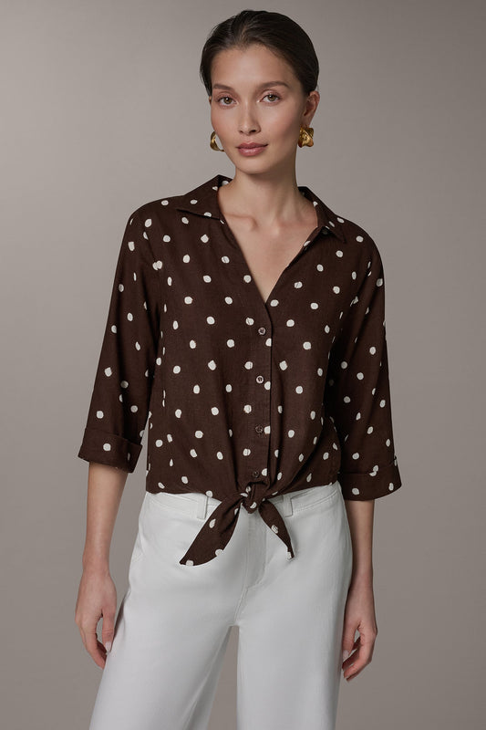 Canyon Distressed Dot ELBOW SLEEVE POLKA DOT TIE FRONT BLOUSE Donna Karan