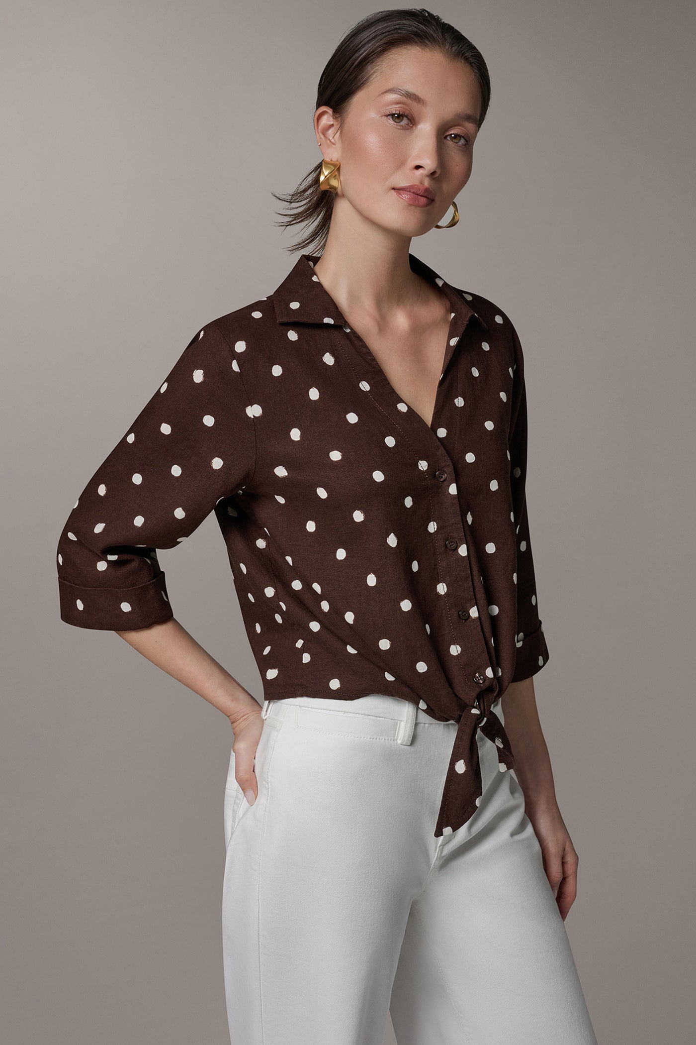 Canyon Distressed Dot ELBOW SLEEVE POLKA DOT TIE FRONT BLOUSE Donna Karan