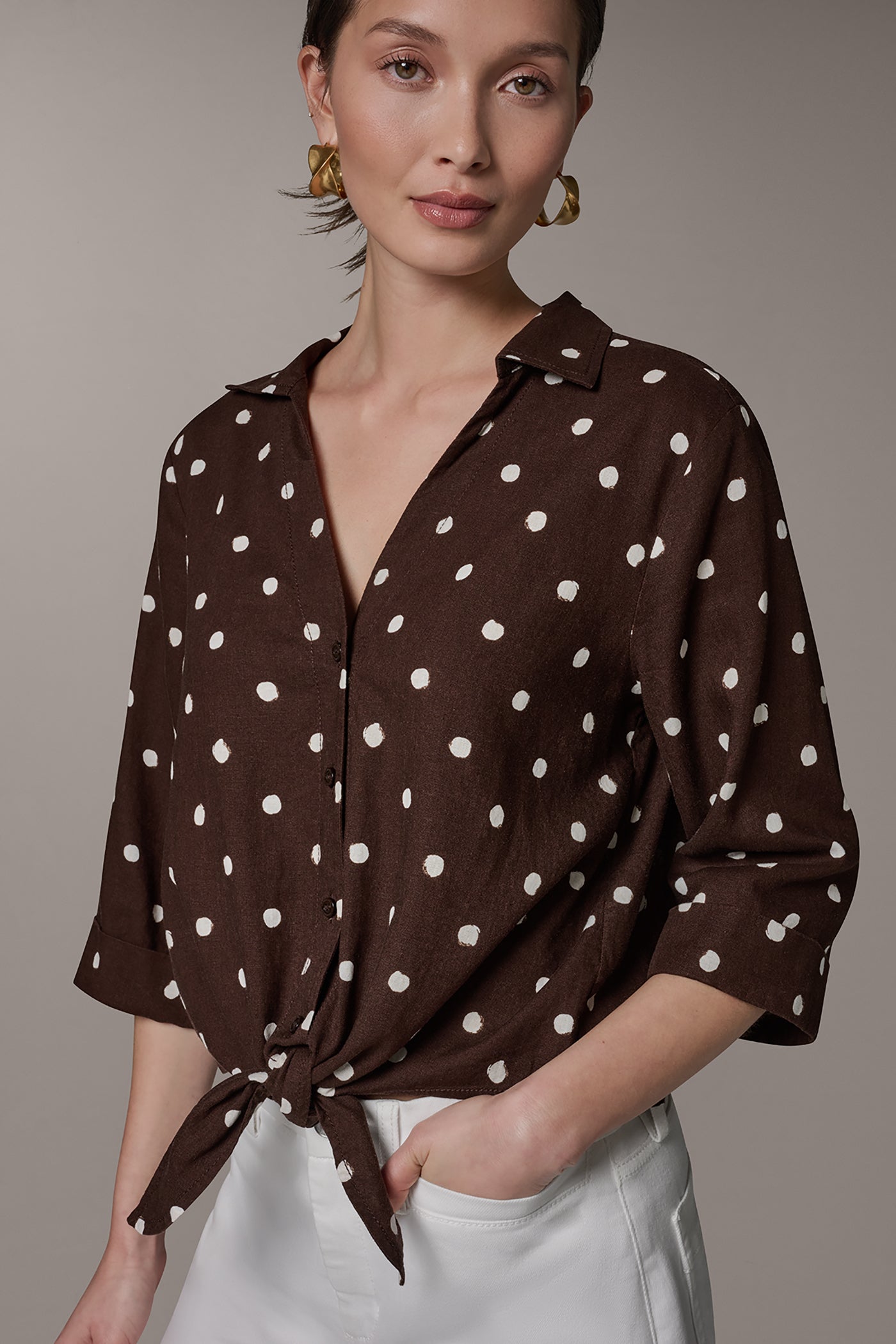 Canyon Distressed Dot ELBOW SLEEVE POLKA DOT TIE FRONT BLOUSE Donna Karan