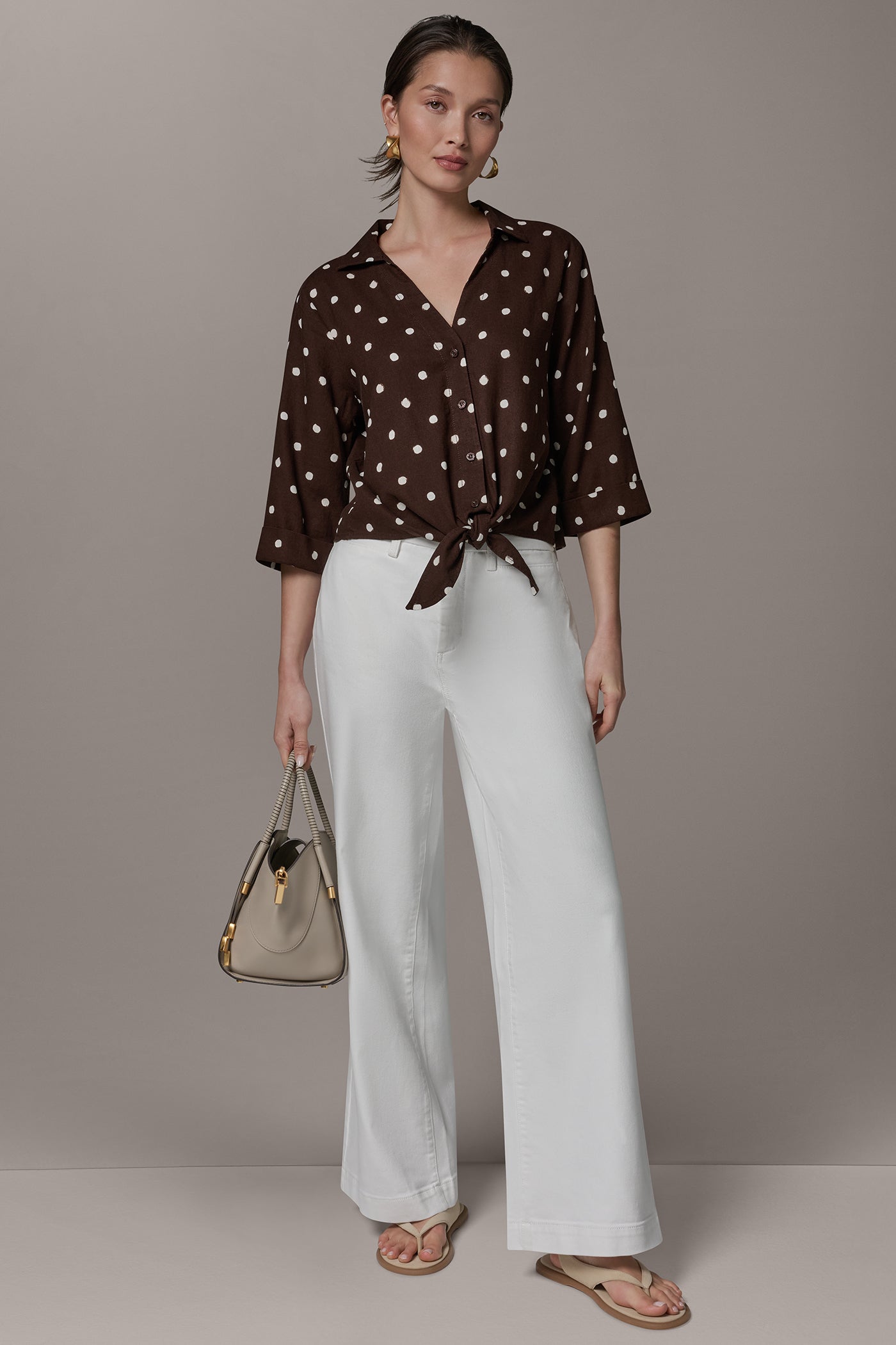 Canyon Distressed Dot ELBOW SLEEVE POLKA DOT TIE FRONT BLOUSE Donna Karan