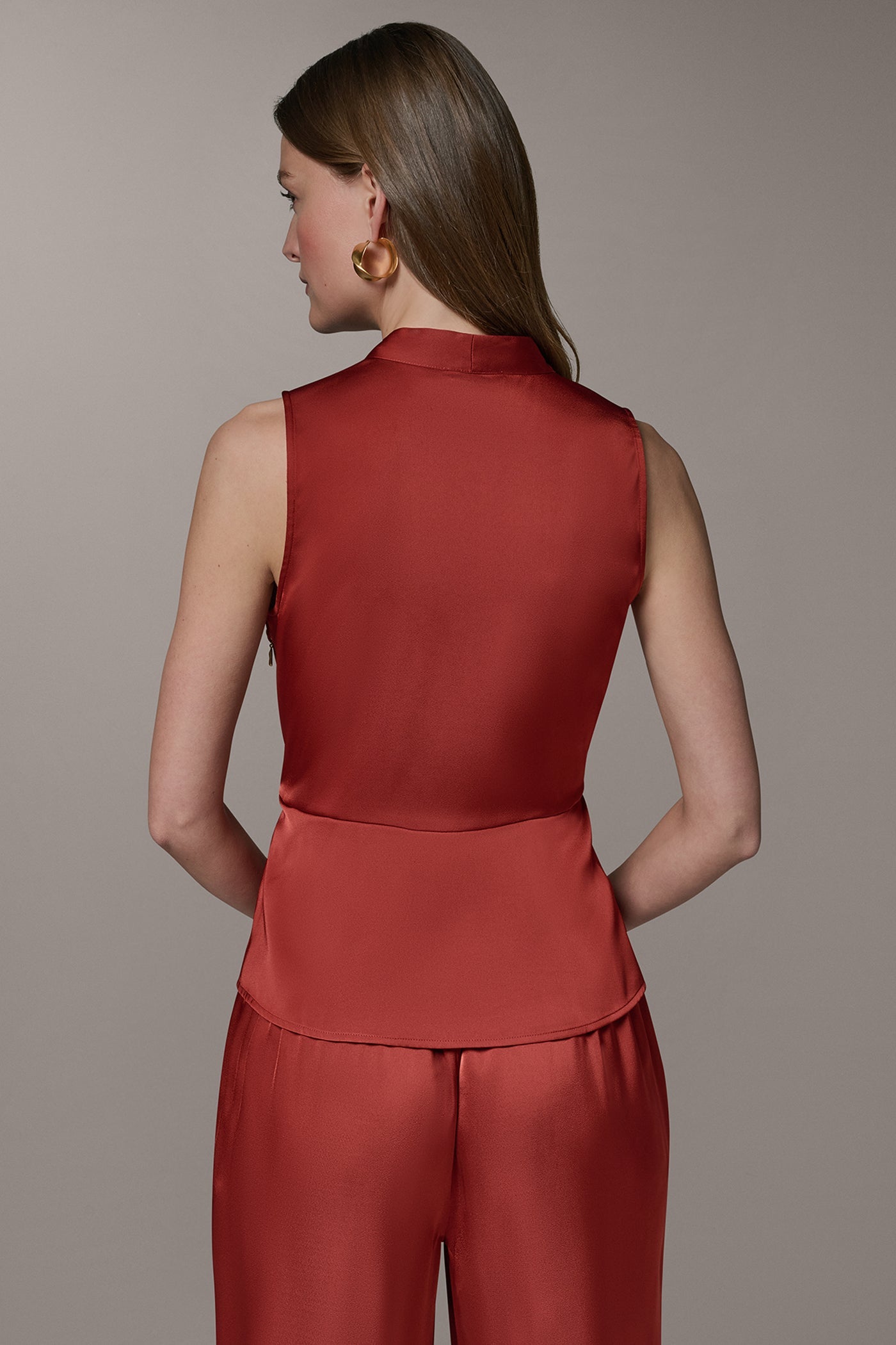 Sunbaked SLEEVELESS WRAP-EFFECT ASYMMETRIC PEPLUM BLOUSE Donna Karan