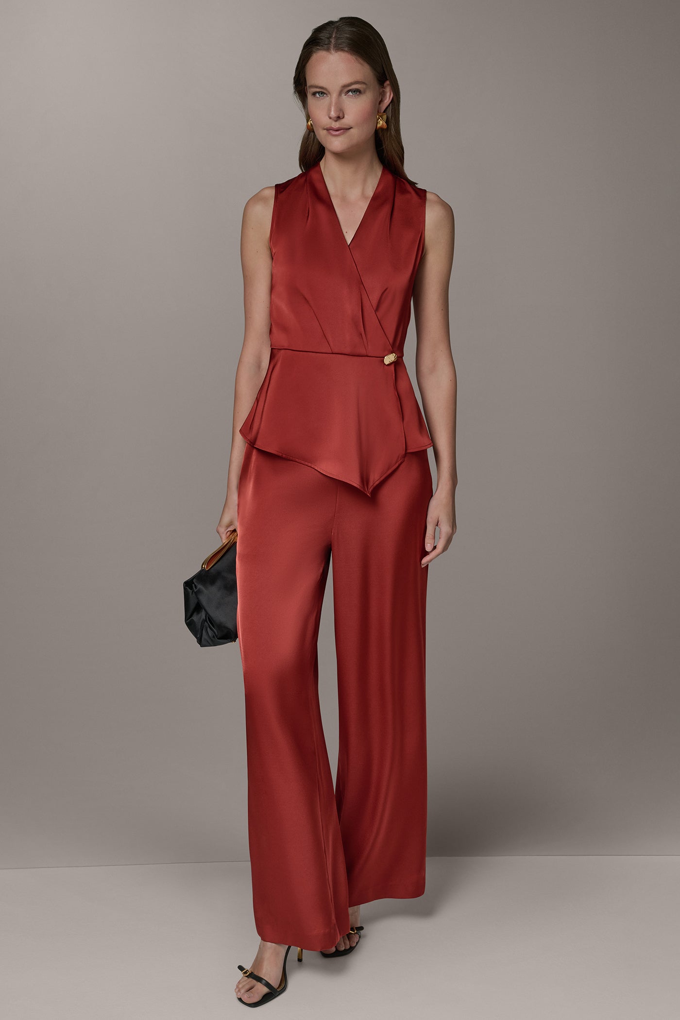 Sunbaked SLEEVELESS WRAP-EFFECT ASYMMETRIC PEPLUM BLOUSE Donna Karan