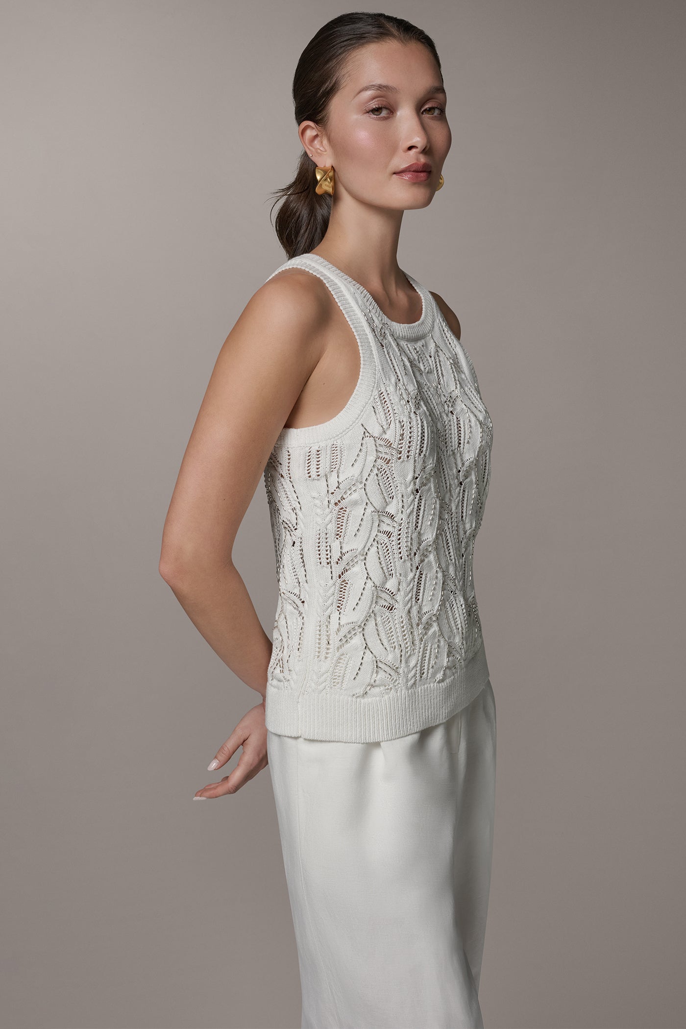 Cream SLEEVELESS SEQUIN SWEATER TANK Donna Karan