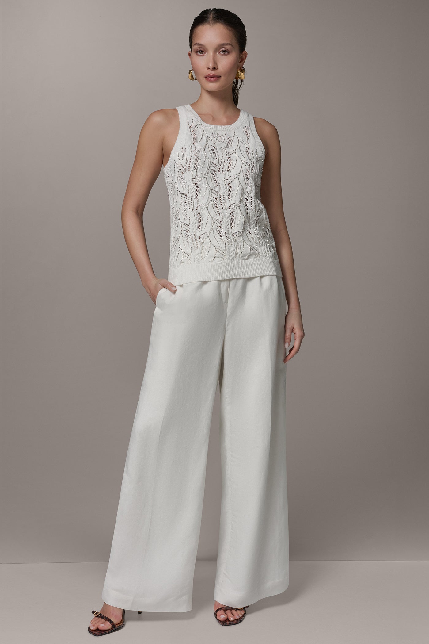 Cream SLEEVELESS SEQUIN SWEATER TANK Donna Karan