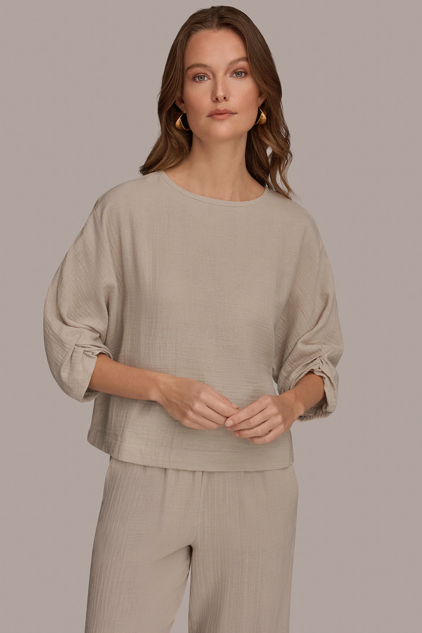 Tuscan Grey 3/4 SLEEVE TWIST CUFF BLOUSE Donna Karan