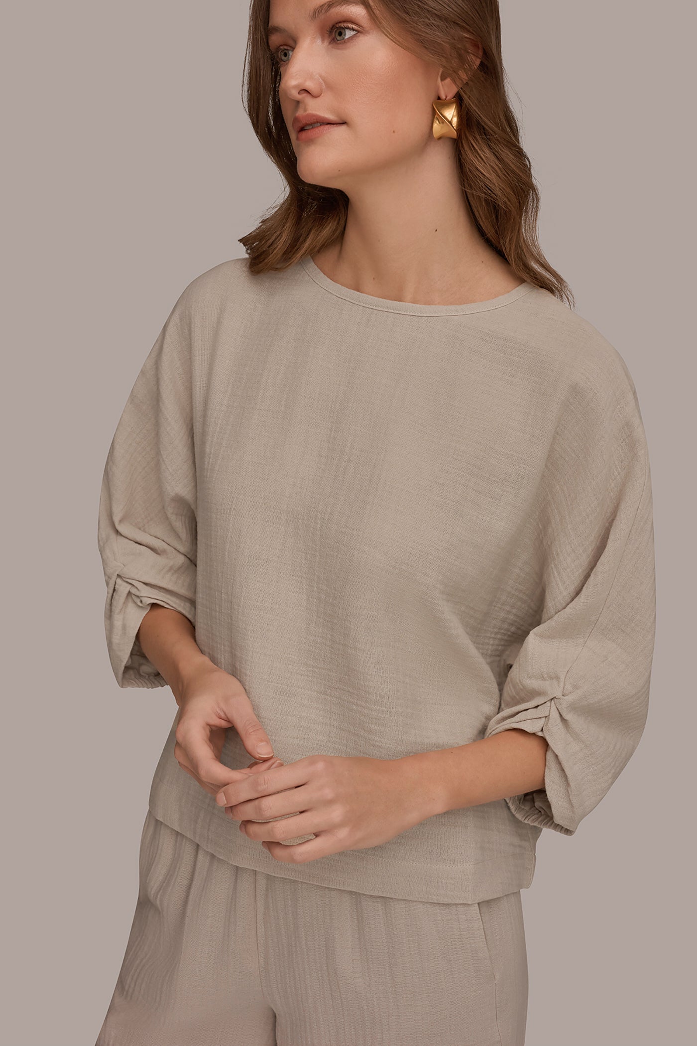 Tuscan Grey 3/4 SLEEVE TWIST CUFF BLOUSE Donna Karan