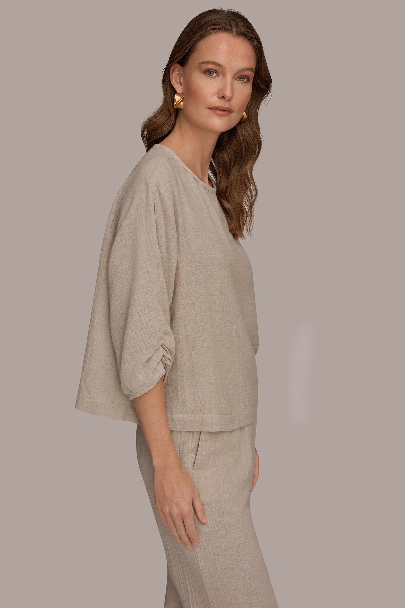 Tuscan Grey 3/4 SLEEVE TWIST CUFF BLOUSE Donna Karan