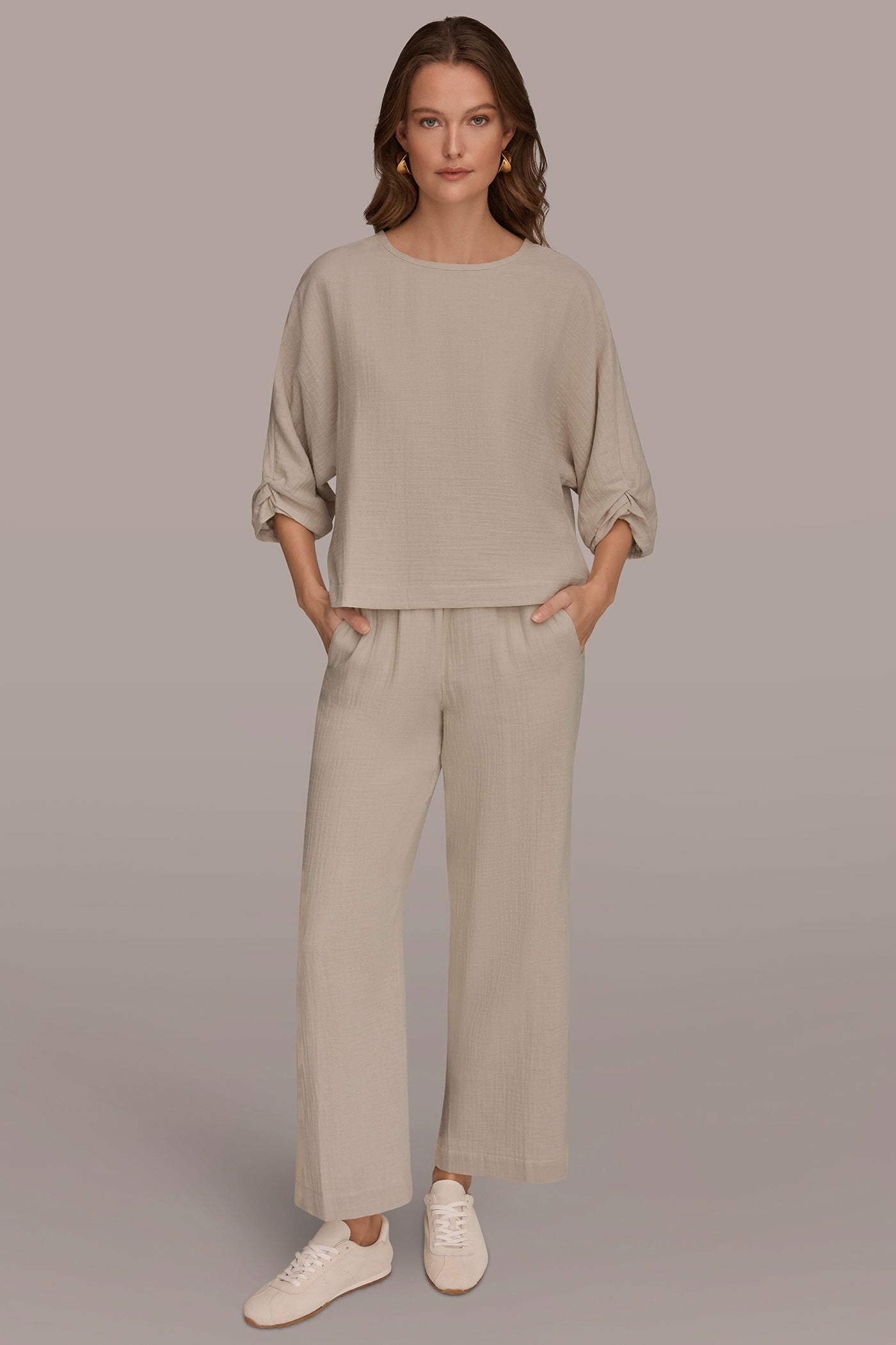 Tuscan Grey 3/4 SLEEVE TWIST CUFF BLOUSE Donna Karan