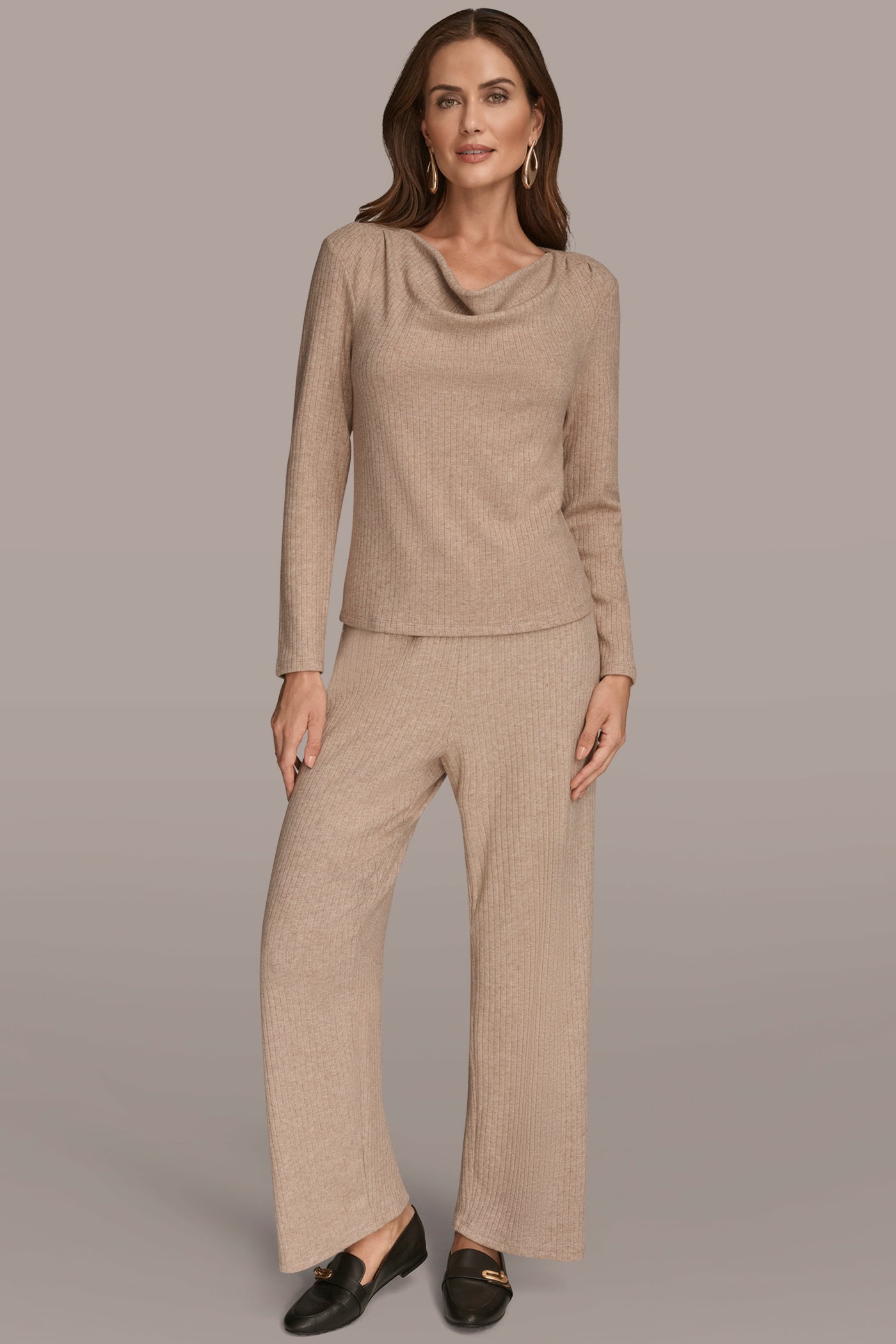 FAWN HEATHER METALLIC COWL-NECK RIB-KNIT BLOUSE Donna Karan