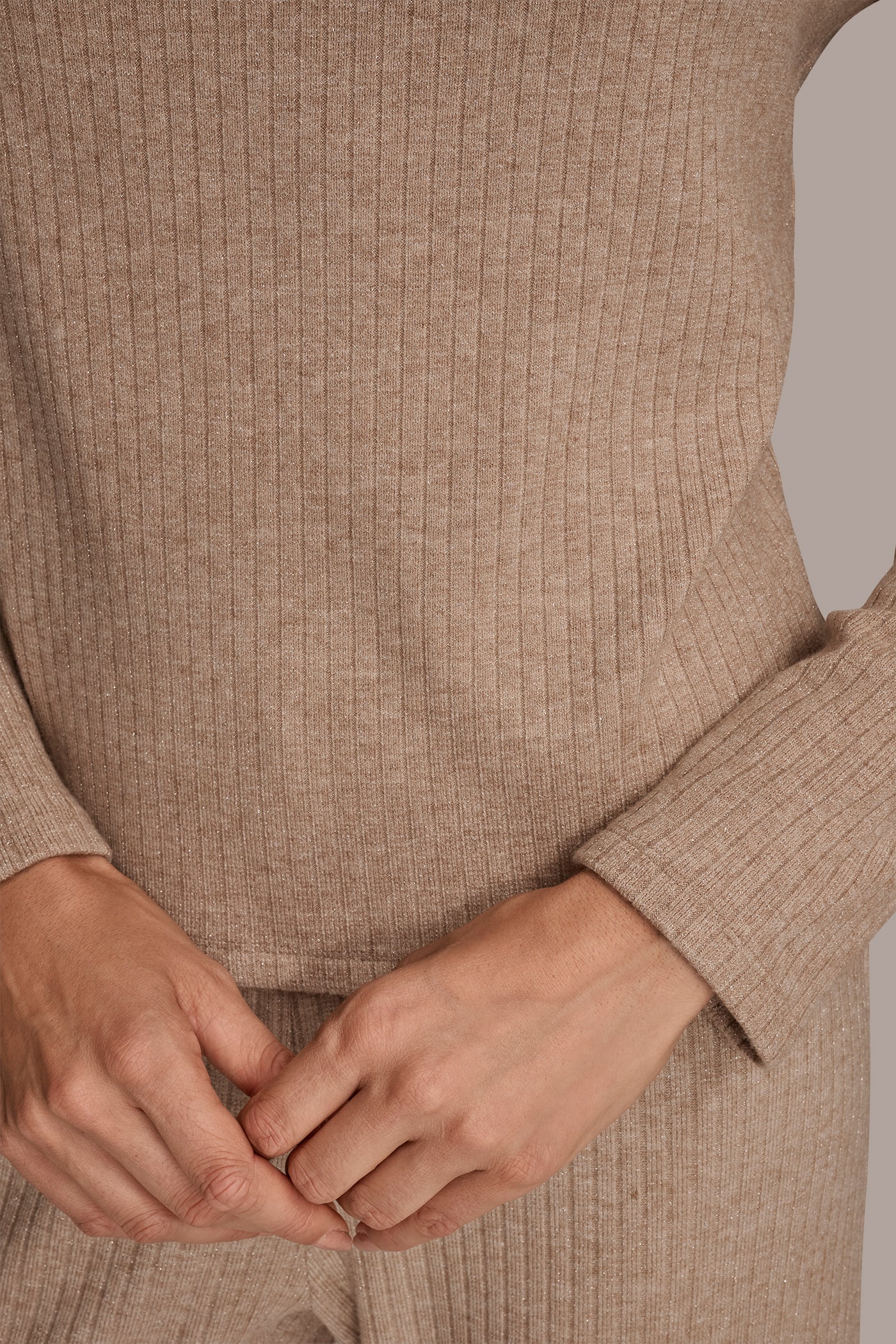 FAWN HEATHER METALLIC COWL-NECK RIB-KNIT BLOUSE Donna Karan