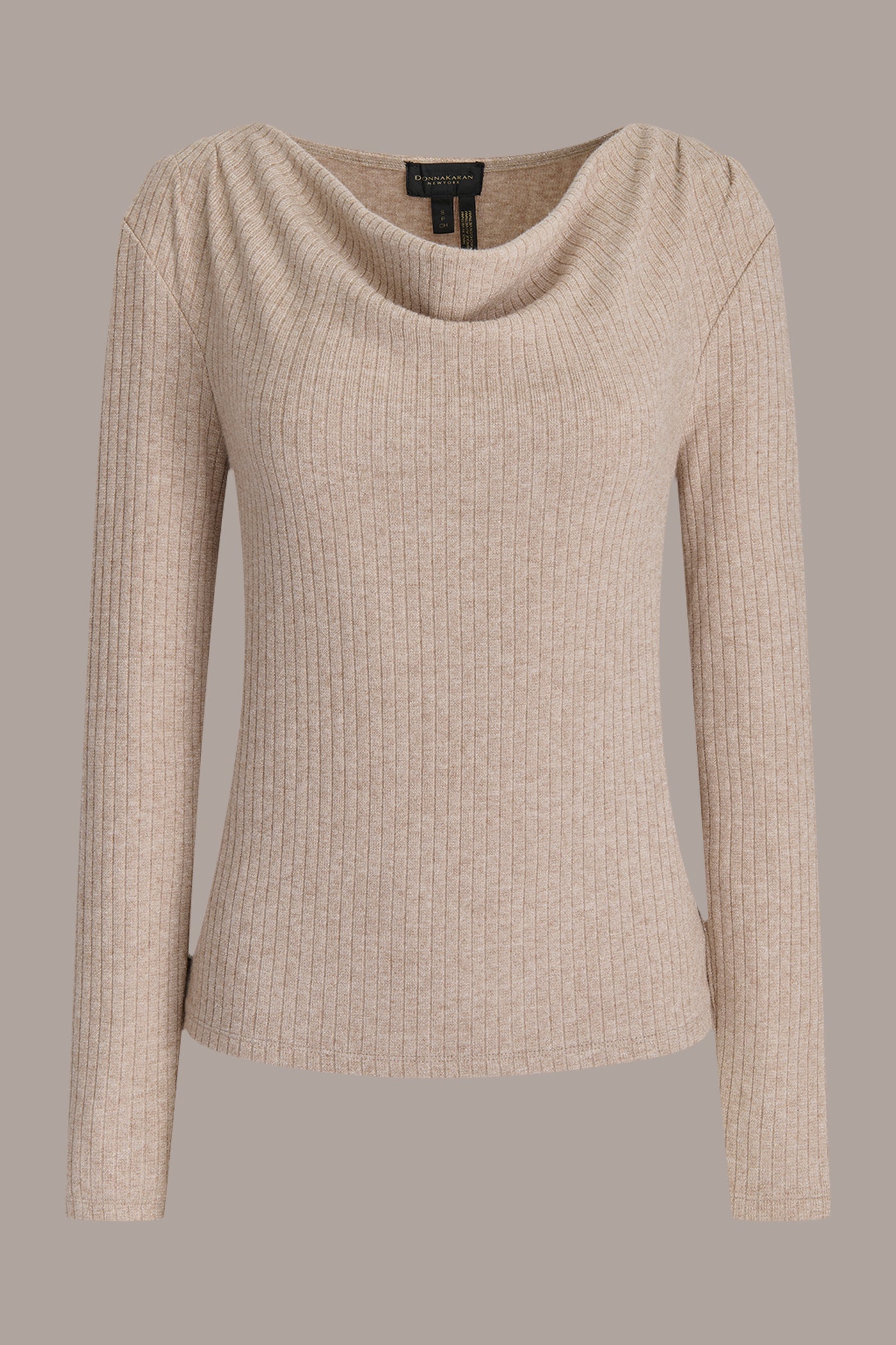 FAWN HEATHER METALLIC COWL-NECK RIB-KNIT BLOUSE Donna Karan