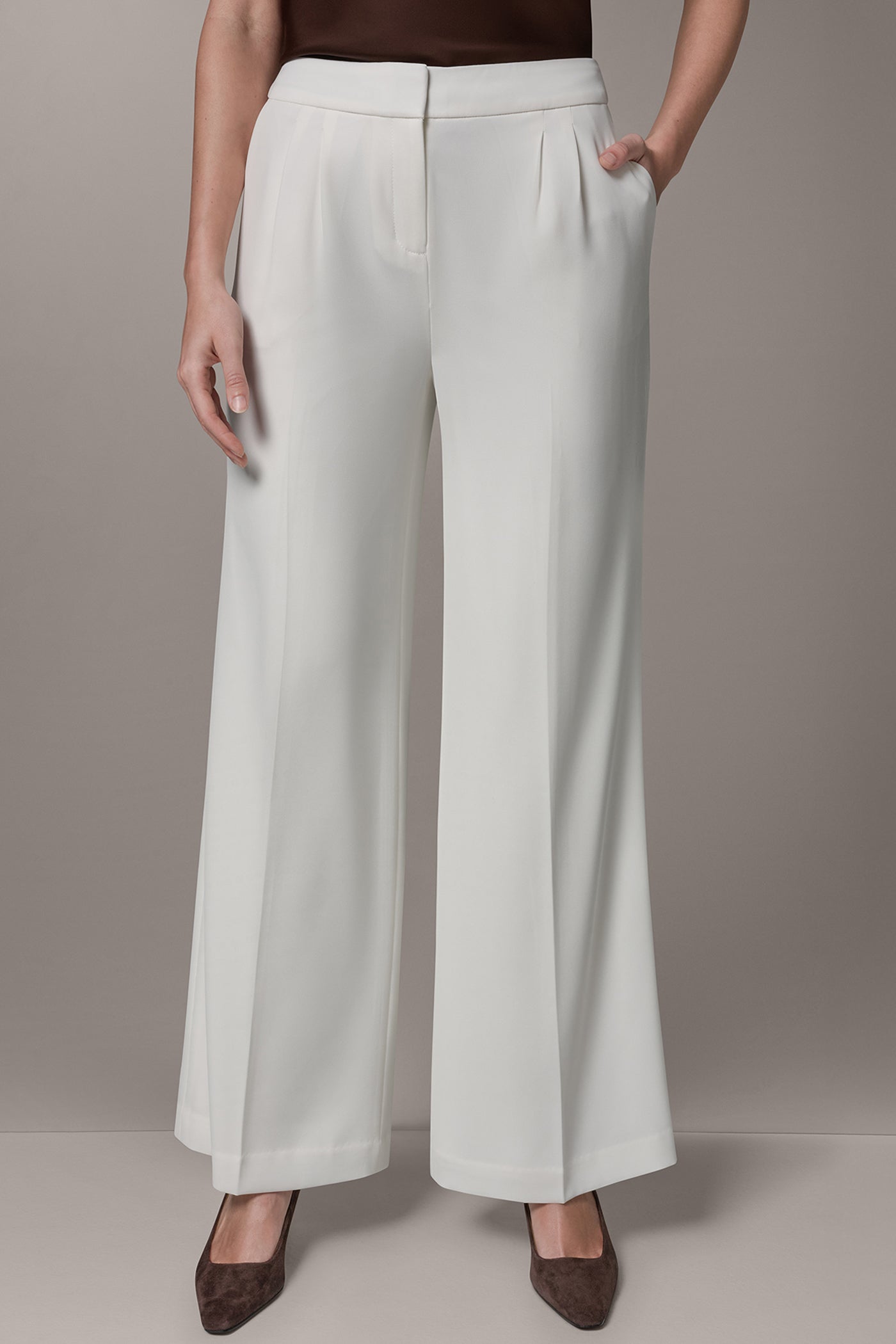 Cream MID-RISE PLEATED WIDE-LEG PANT Donna Karan