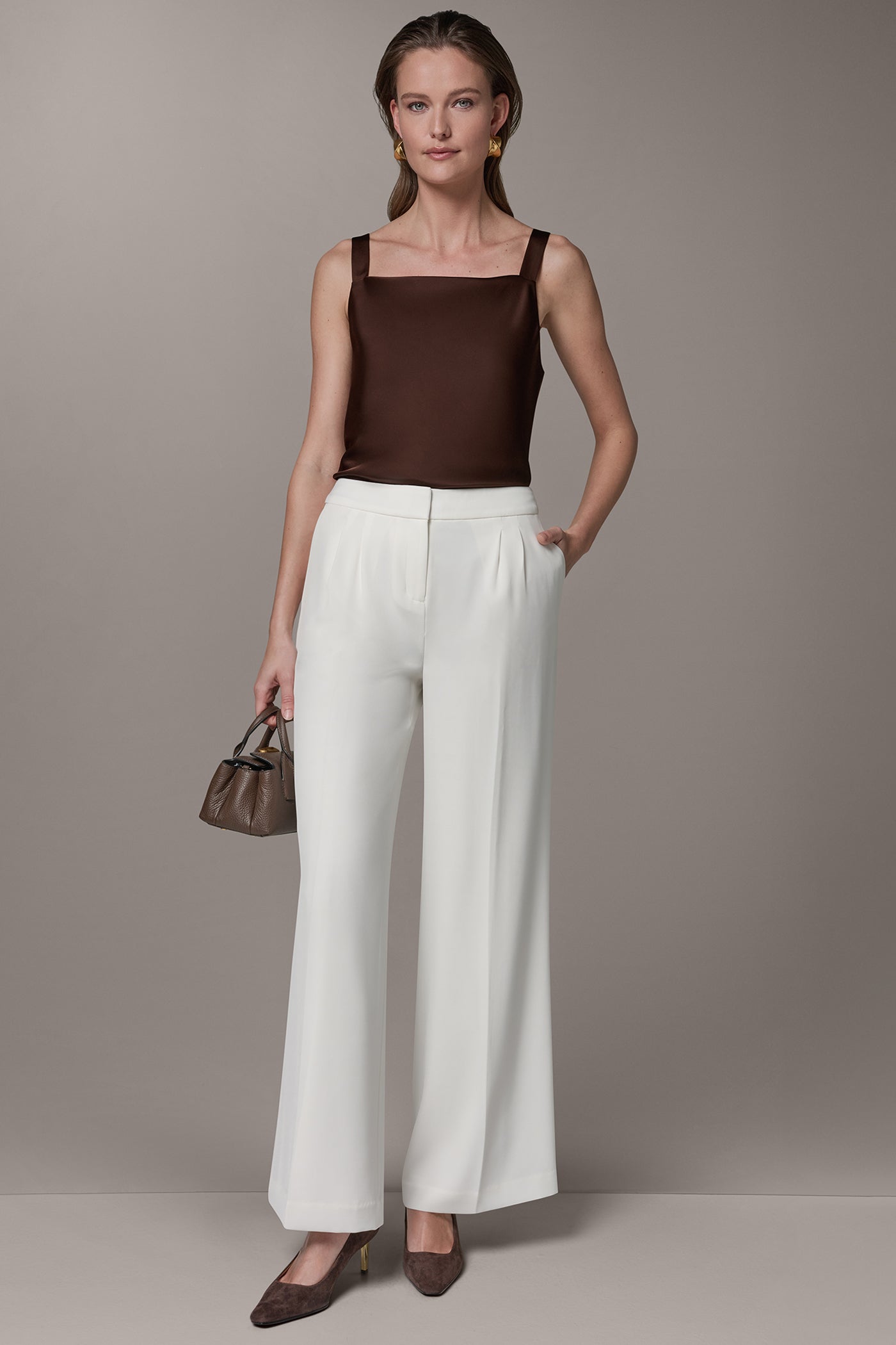 Cream MID-RISE PLEATED WIDE-LEG PANT Donna Karan