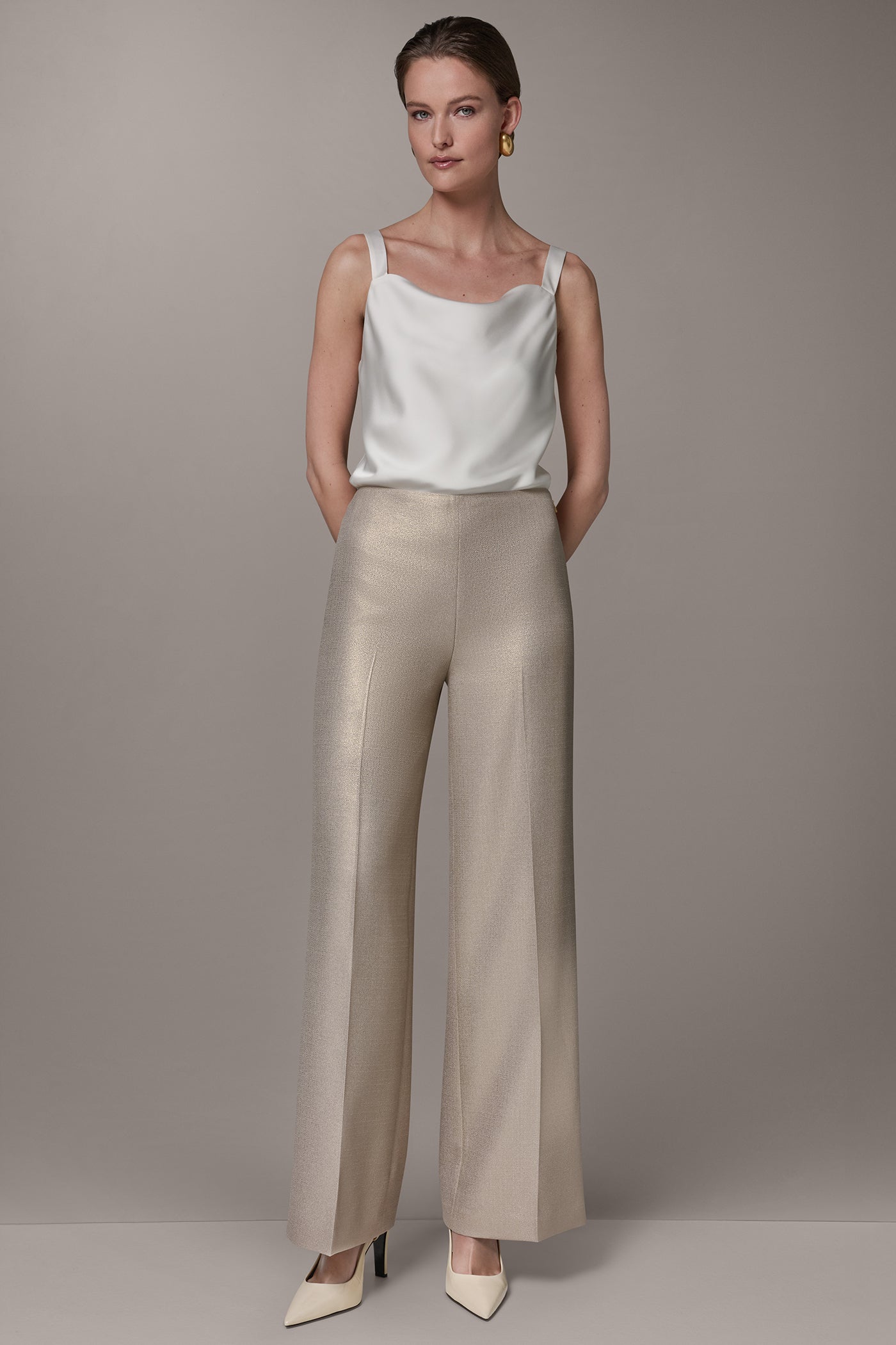 Light Fawn/Gold EXTRA HIGH-RISE METALLIC WIDE-LEG PANT Donna Karan