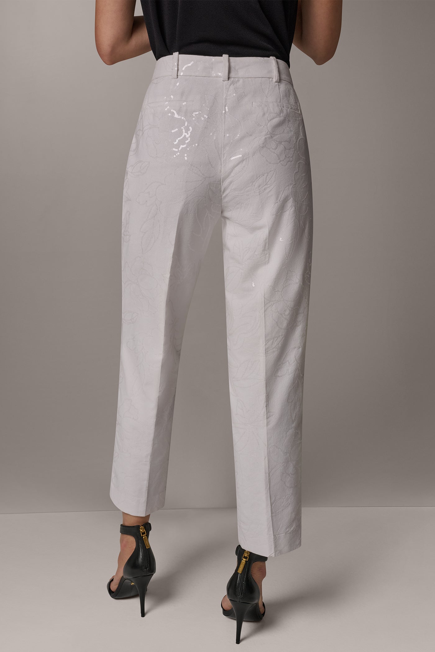 Cream MID-RISE SEQUIN EMBROIDERED STRAIGHT ANKLE PANT Donna Karan