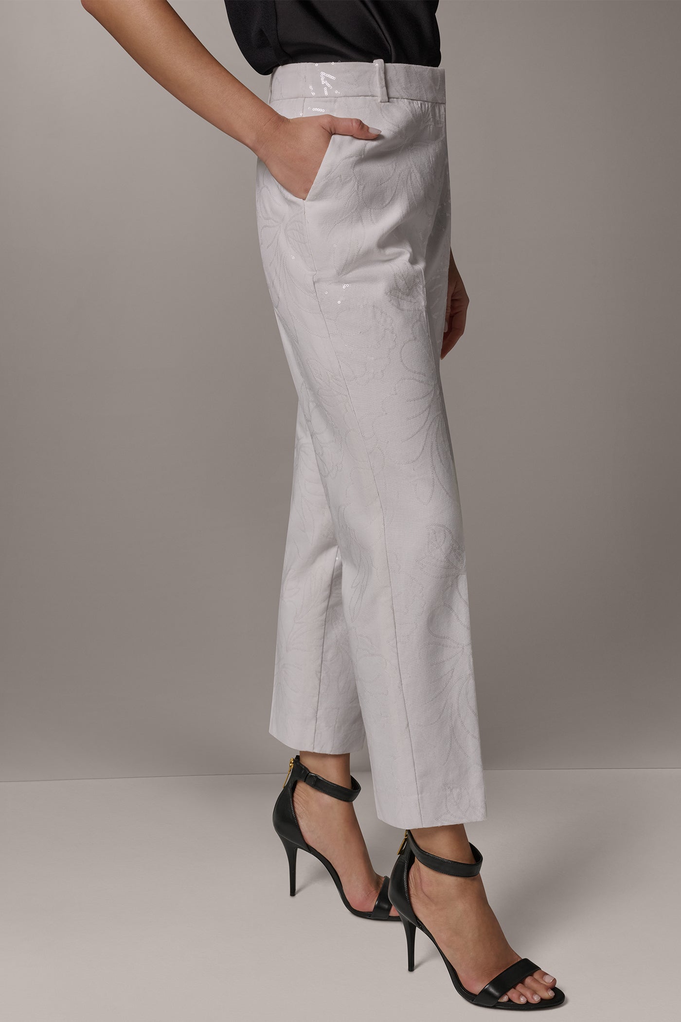 Cream MID-RISE SEQUIN EMBROIDERED STRAIGHT ANKLE PANT Donna Karan
