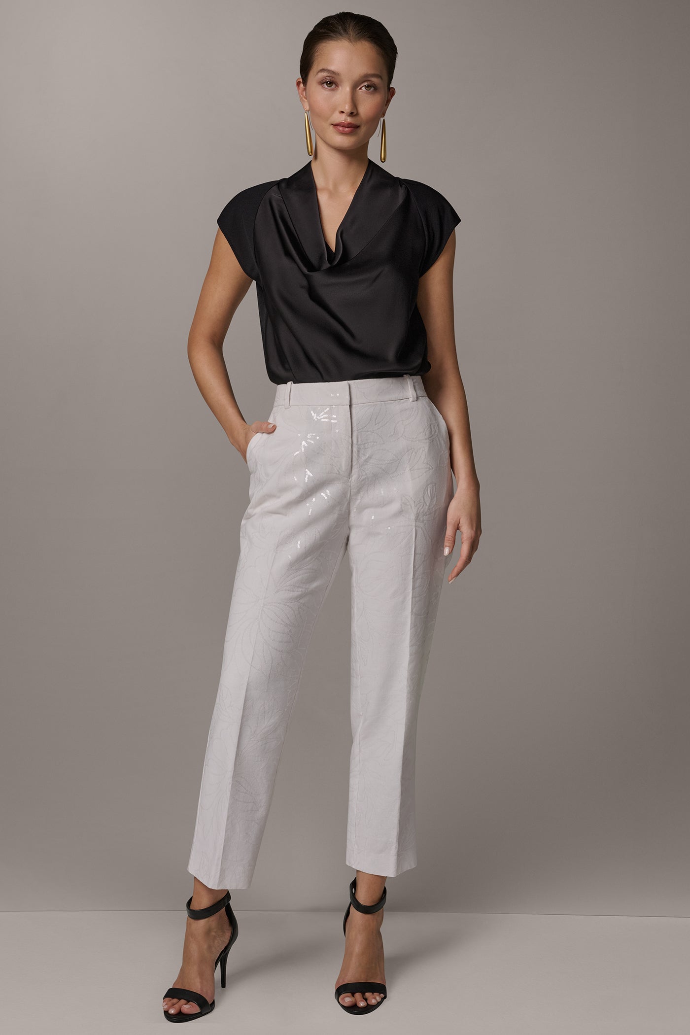 Cream MID-RISE SEQUIN EMBROIDERED STRAIGHT ANKLE PANT Donna Karan