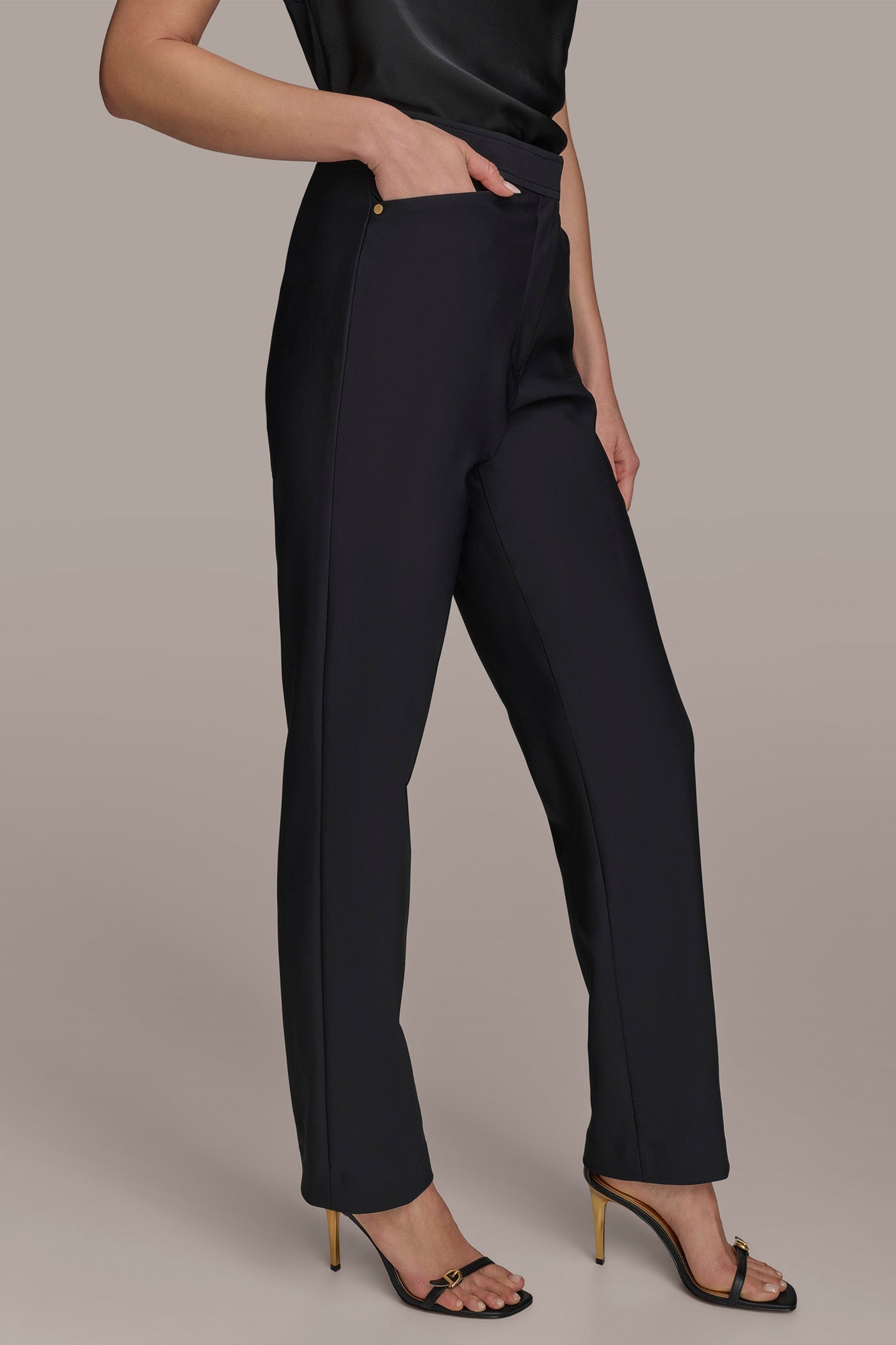 Black FLAT FRONT STRAIGHT PANT Donna Karan