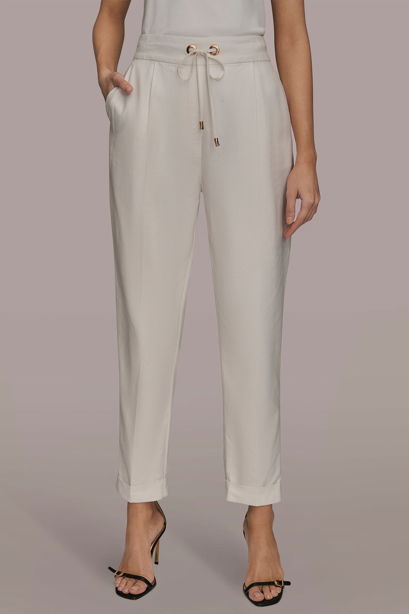 CREAM DRAWSTRING CUFFED PANT Donna Karan