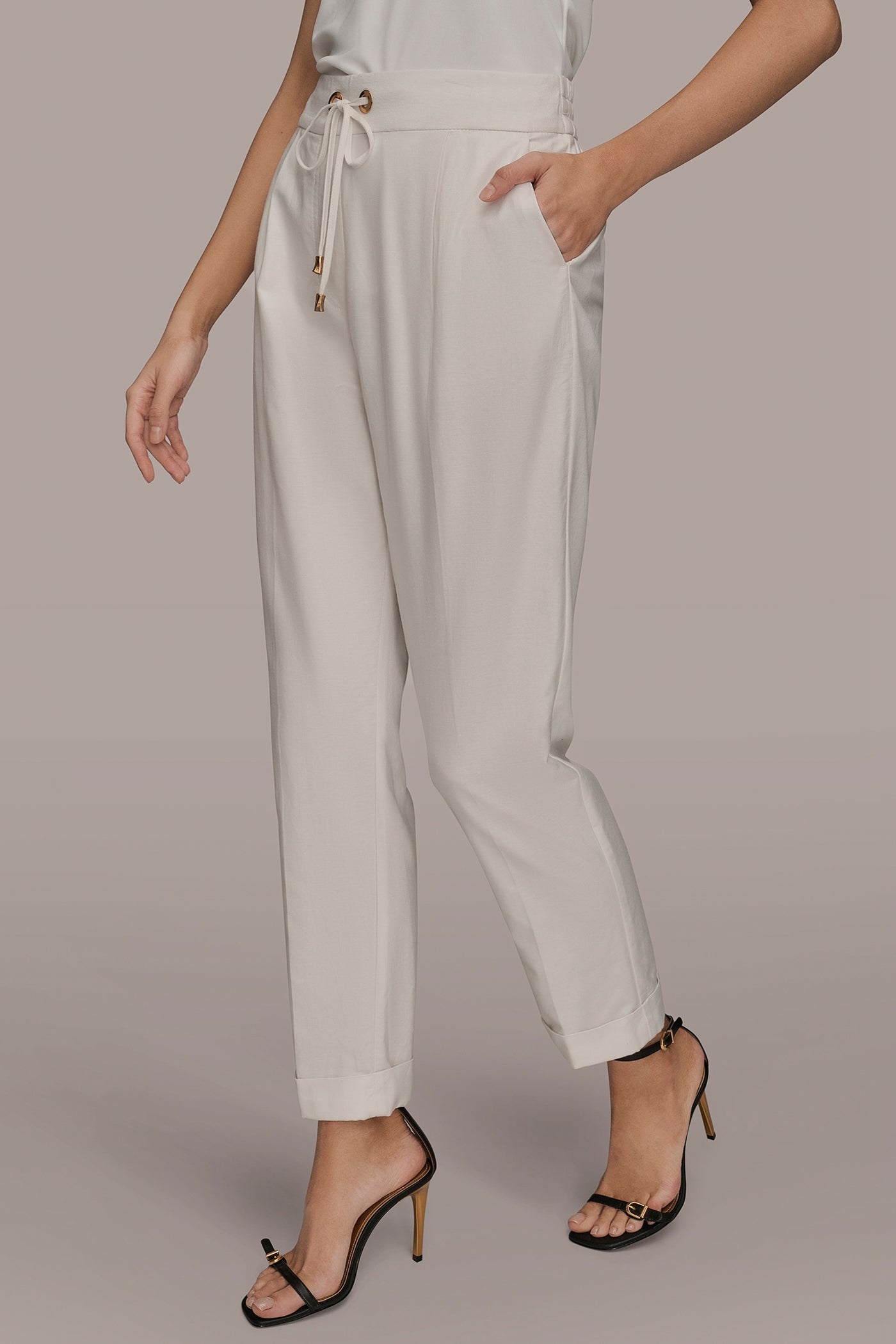 CREAM DRAWSTRING CUFFED PANT Donna Karan