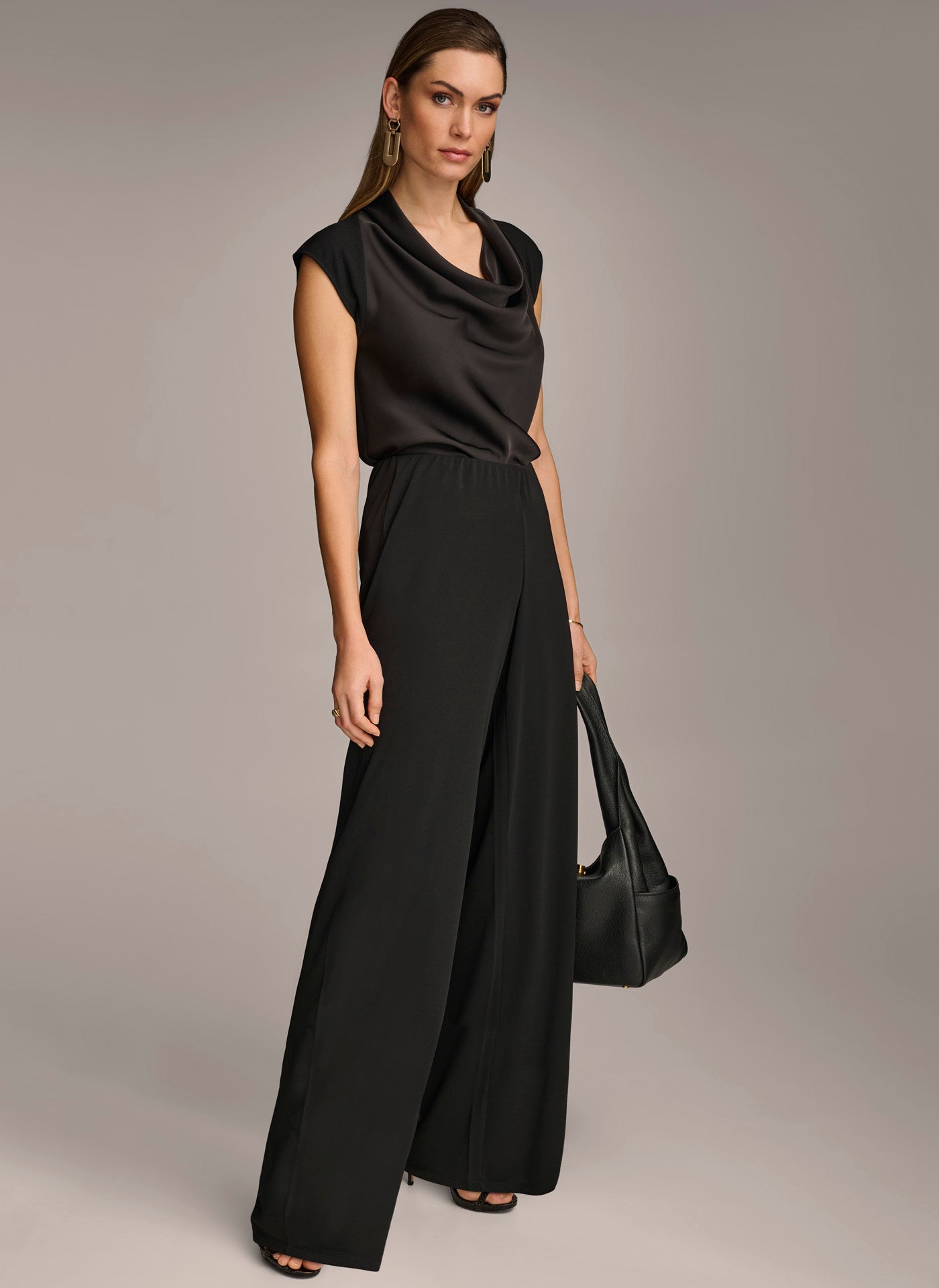 Black WIDE LEG FLAT FRONT PANT Donna Karan