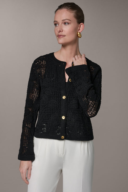 Black BELL SLEEVE FLORAL CROCHET JACKET Donna Karan