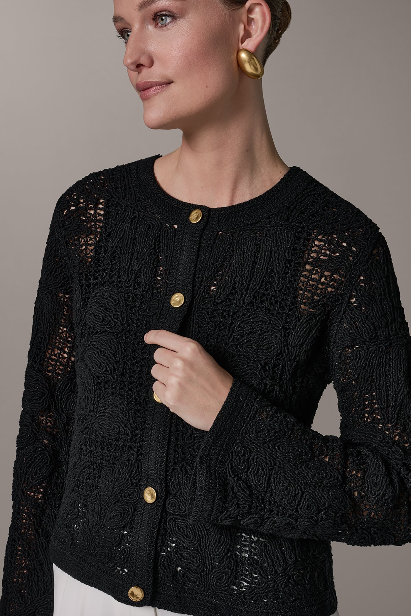 Black BELL SLEEVE FLORAL CROCHET JACKET Donna Karan