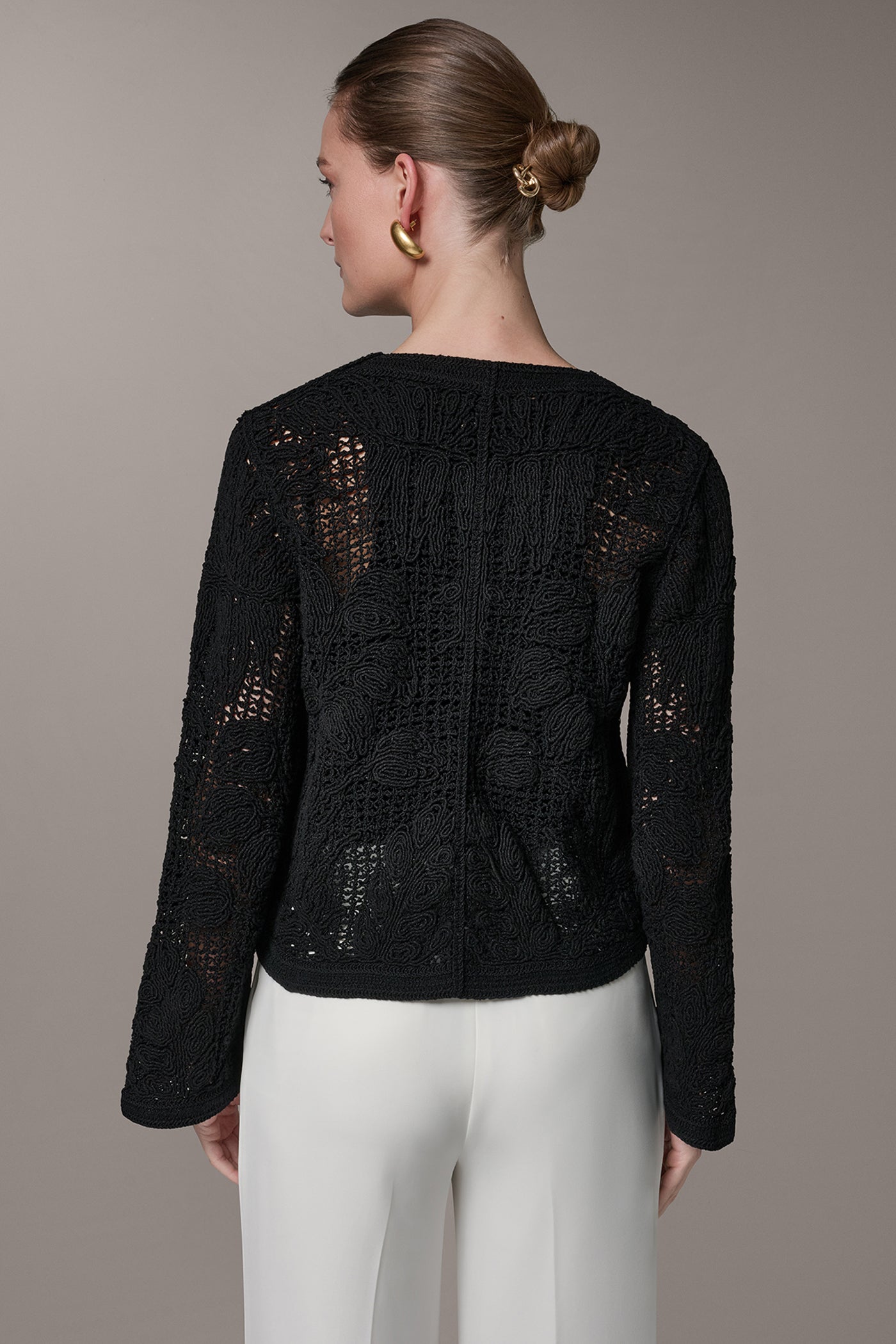 Black BELL SLEEVE FLORAL CROCHET JACKET Donna Karan