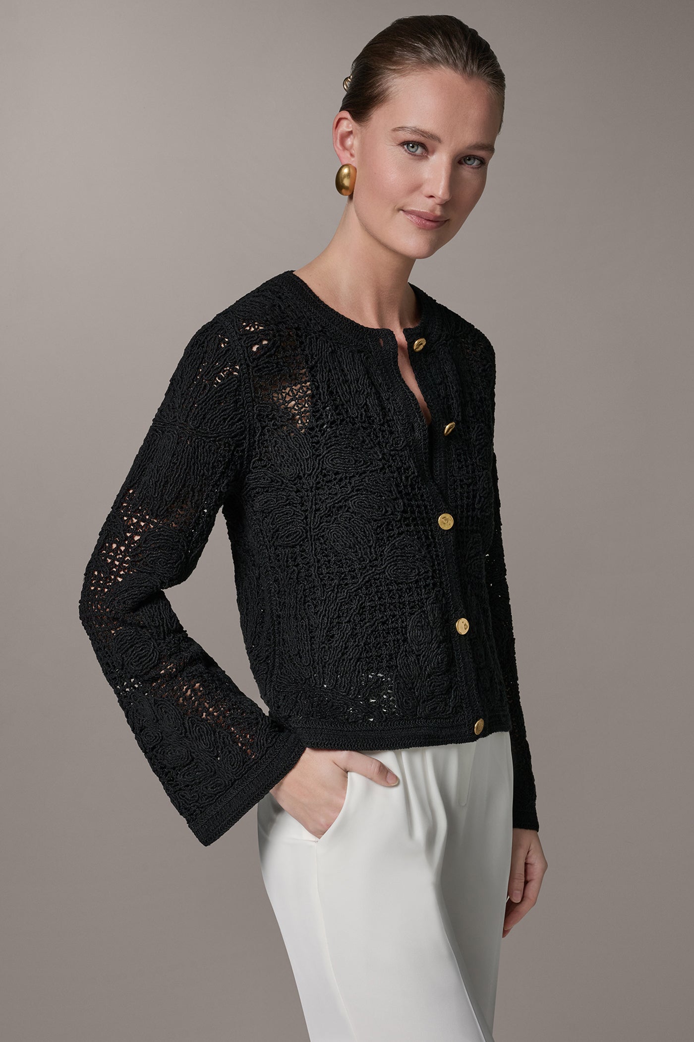 Black BELL SLEEVE FLORAL CROCHET JACKET Donna Karan