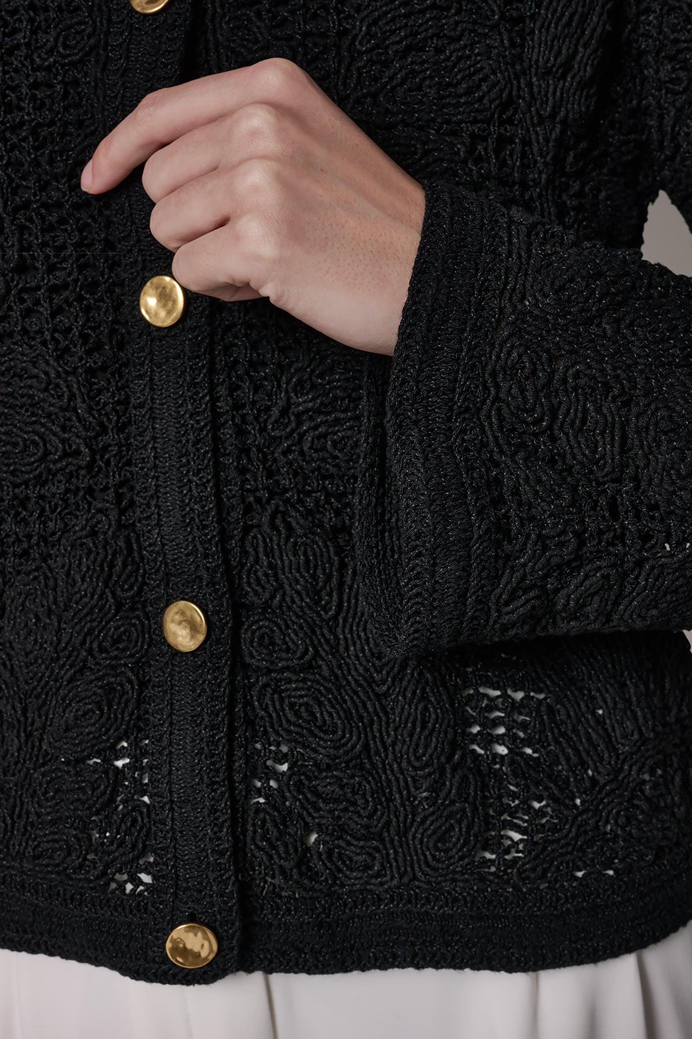 Black BELL SLEEVE FLORAL CROCHET JACKET Donna Karan