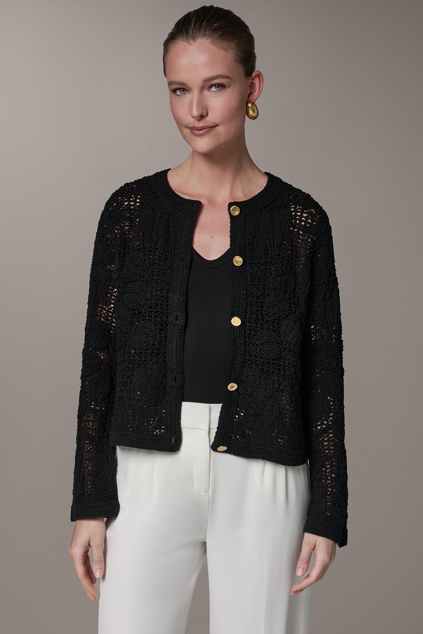 Black BELL SLEEVE FLORAL CROCHET JACKET Donna Karan
