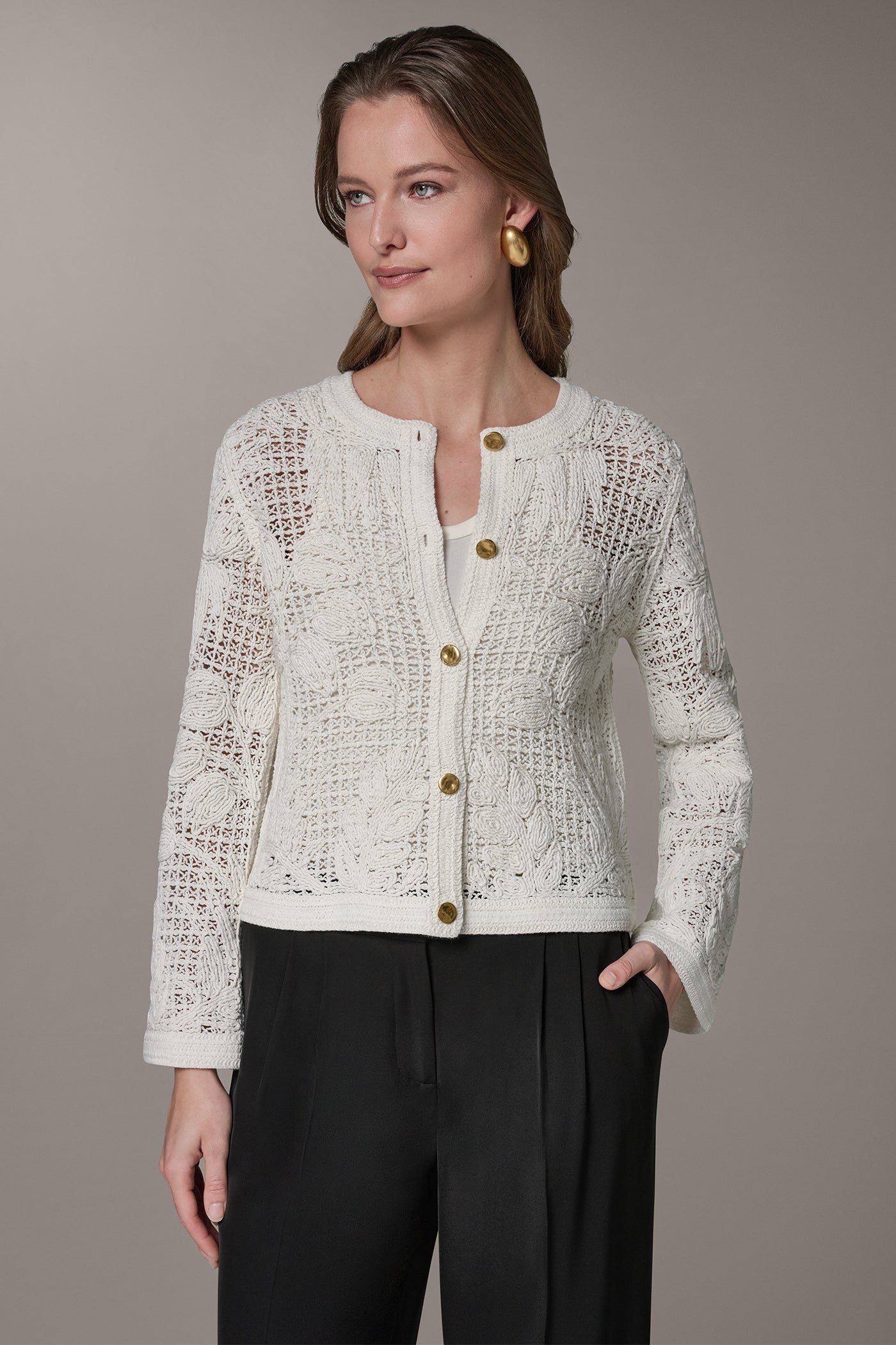 Cream BELL SLEEVE FLORAL CROCHET JACKET Donna Karan