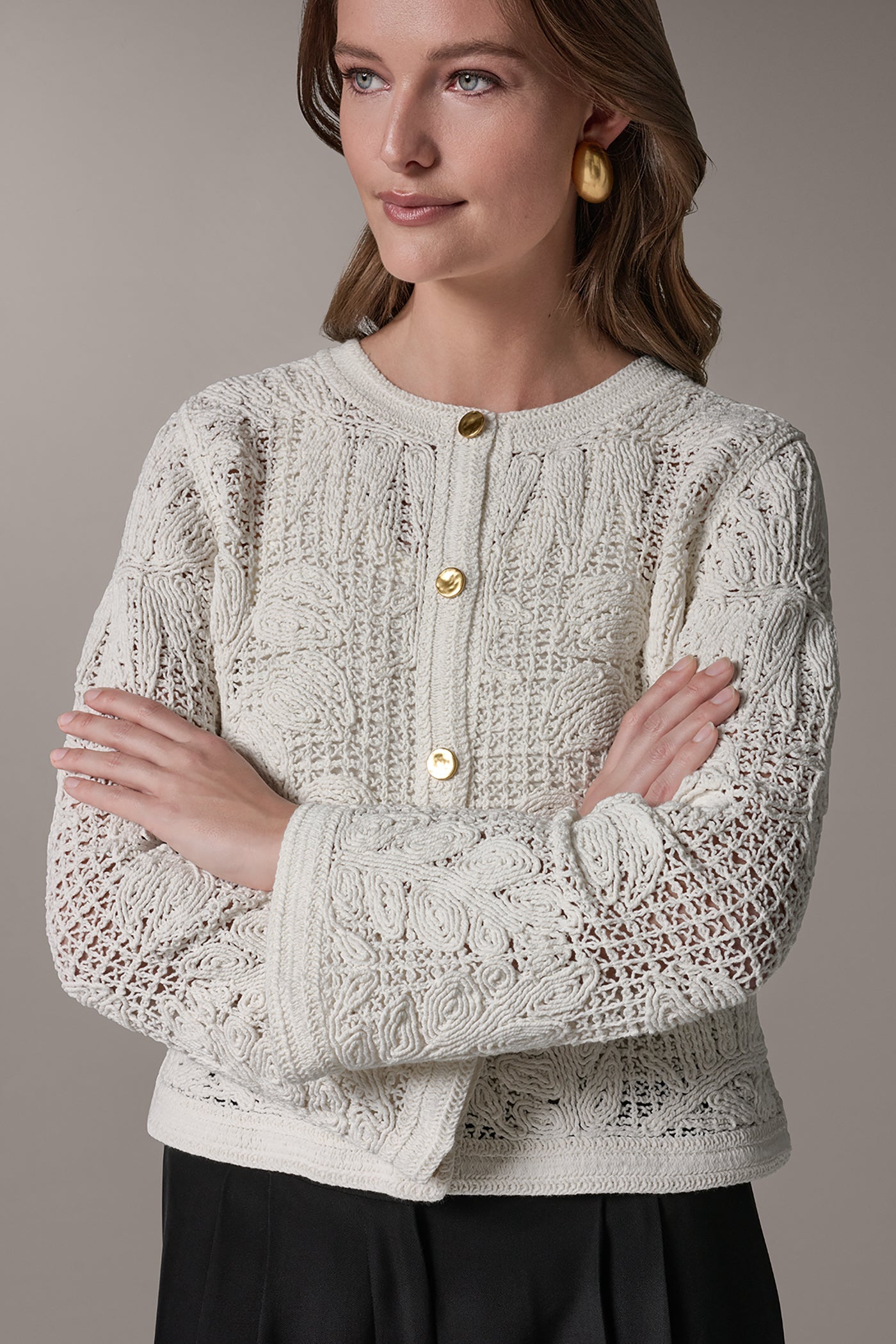 Cream BELL SLEEVE FLORAL CROCHET JACKET Donna Karan