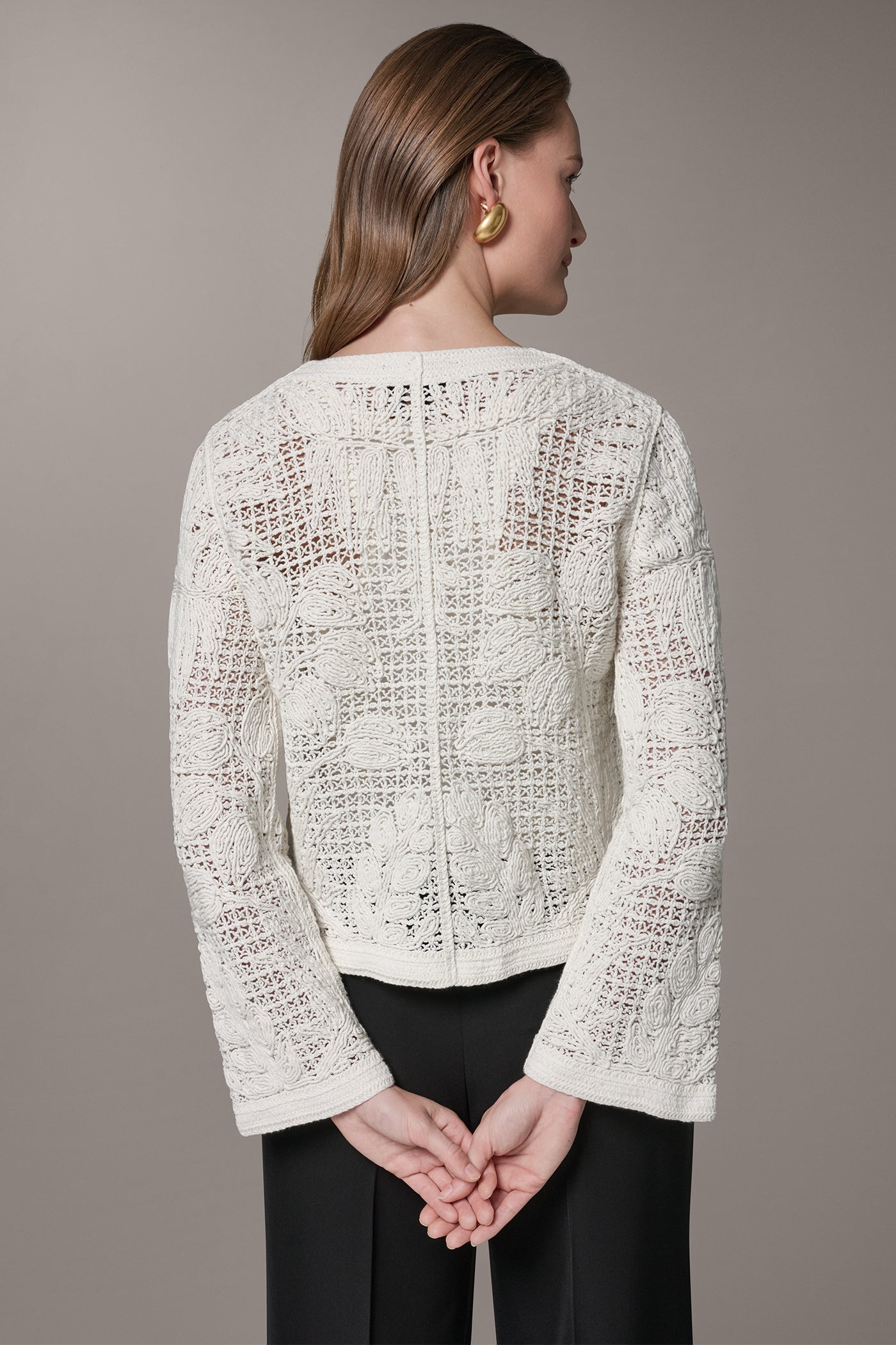 Cream BELL SLEEVE FLORAL CROCHET JACKET Donna Karan