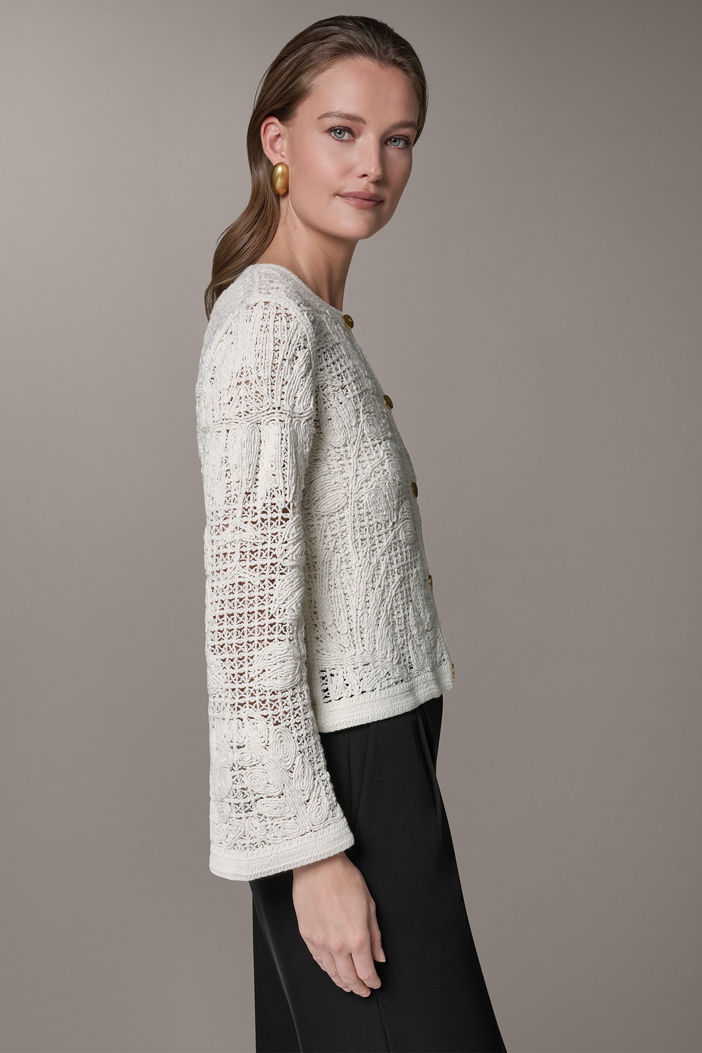 Cream BELL SLEEVE FLORAL CROCHET JACKET Donna Karan